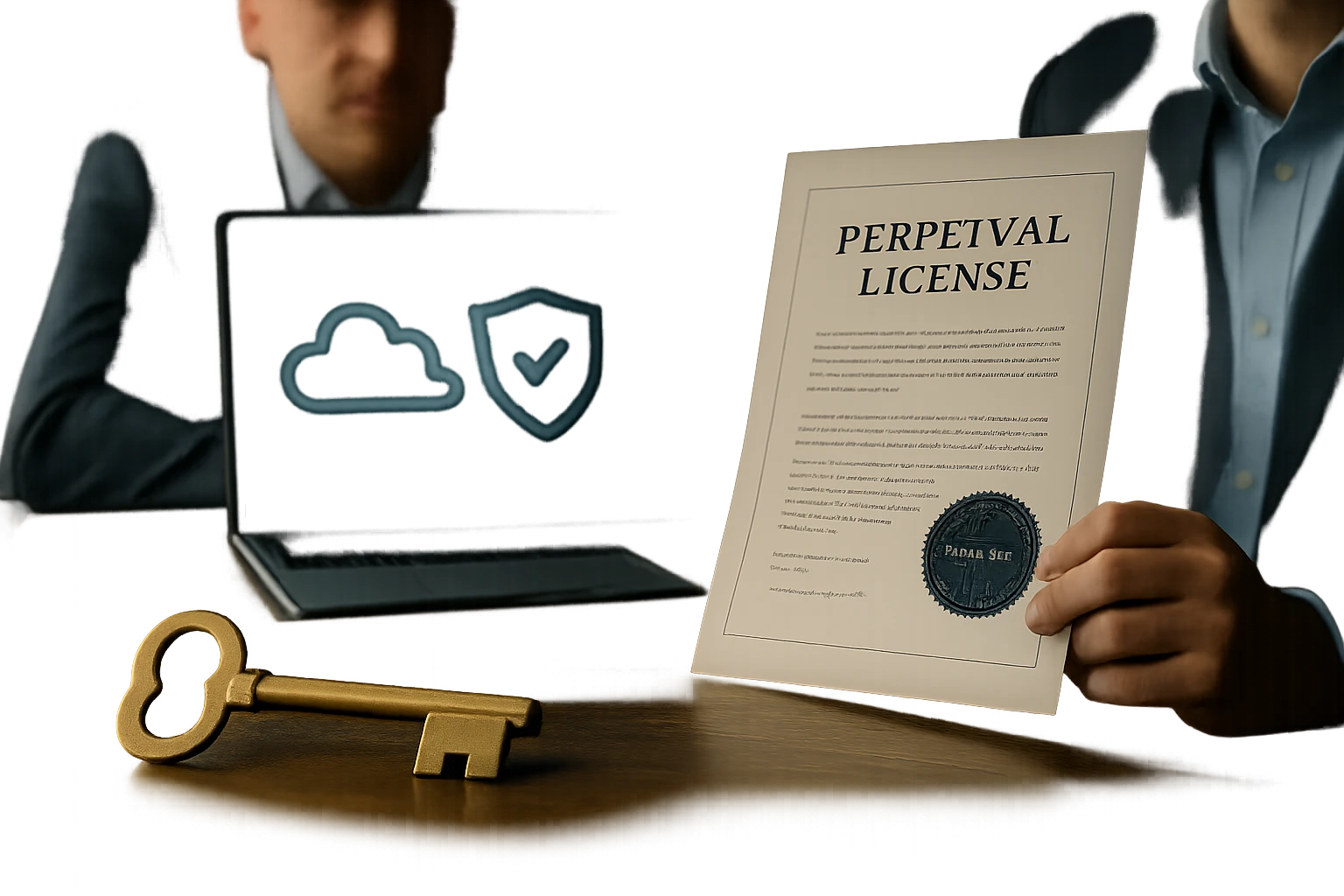 Egy férfi kezében egy örökös licenc dokumentum, mellette egy kulcs és egy laptop.