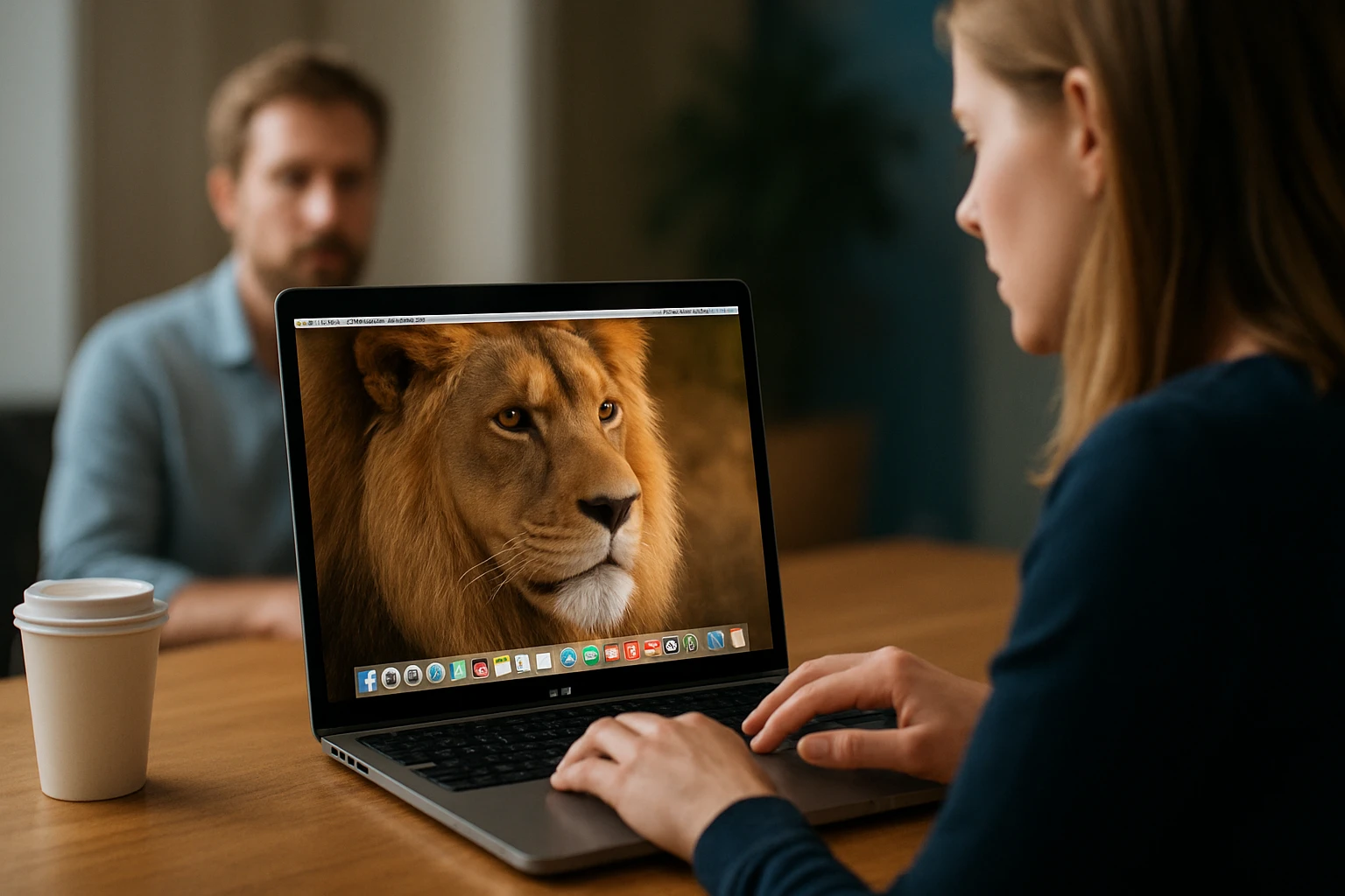 Egy nő laptopján egy oroszlán képe látható, miközben egy férfi háttérben ül.