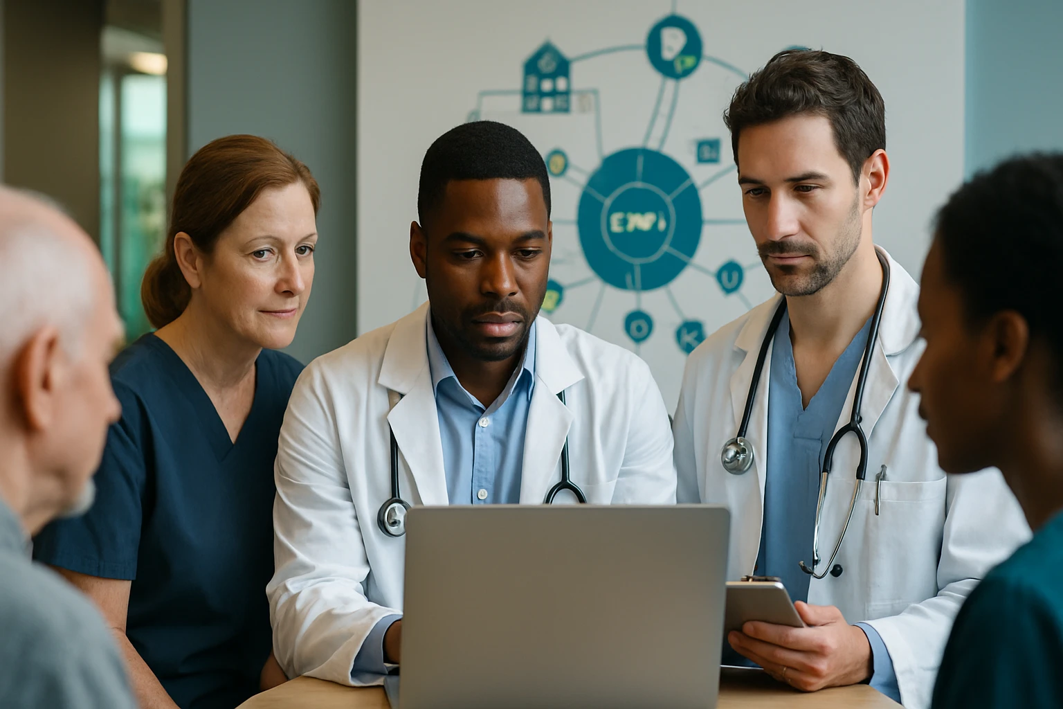 Orvosi csapat laptop előtt, adatokat elemeznek és megbeszélnek.