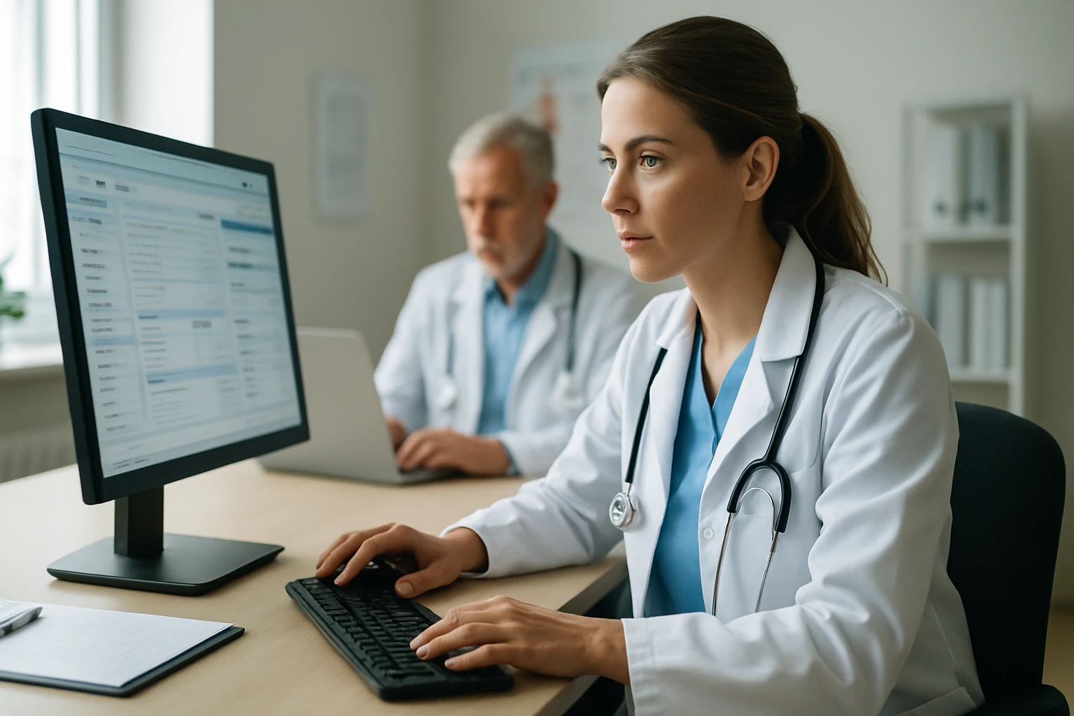 Két orvos dolgozik számítógépen, az egyik a billentyűzetet használja.