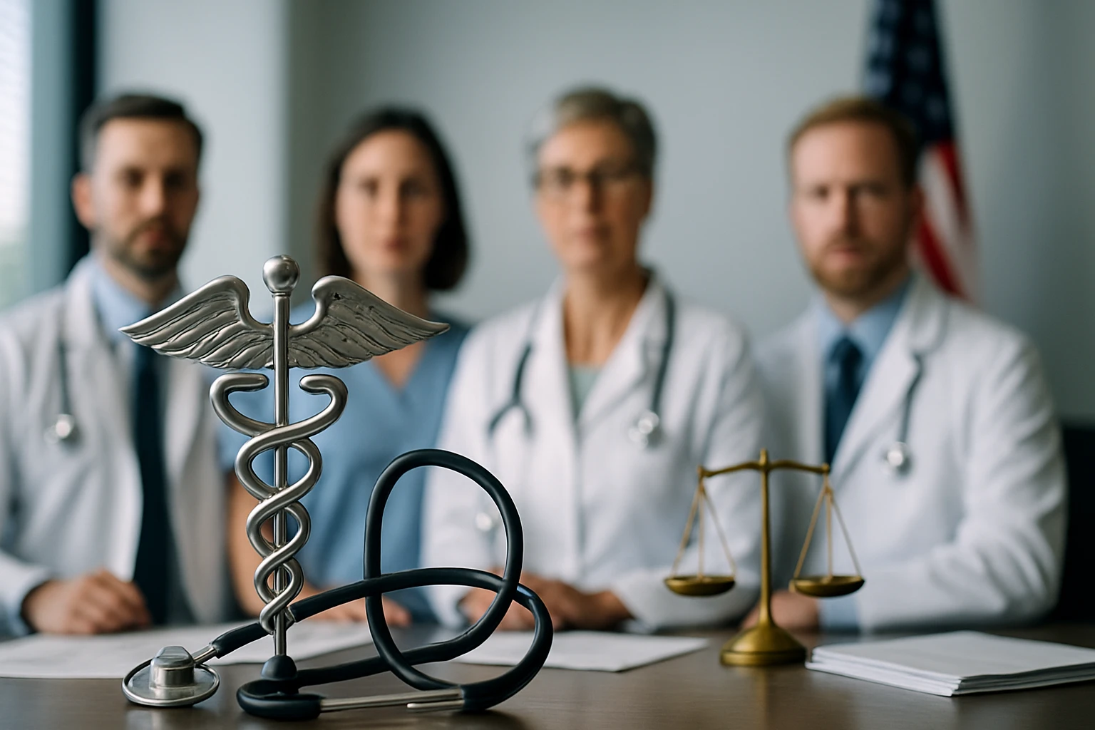 Orvosi szimbólum és stethoszkóp egy jogi környezetben, háttérben orvosokkal.