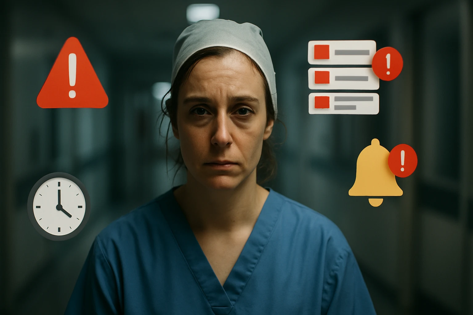 Egy orvos komoly arccal áll egy kórház folyosóján, figyelmeztető ikonokkal körülvéve.