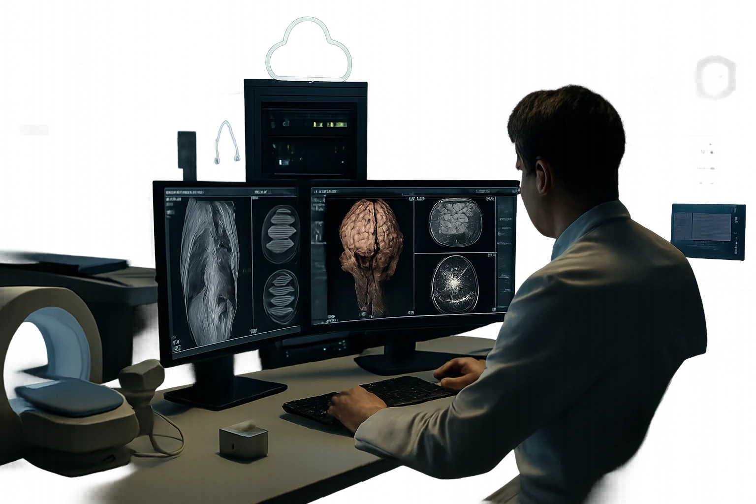 Egy orvos két monitor előtt ül, amelyeken orvosi képalkotás látható.