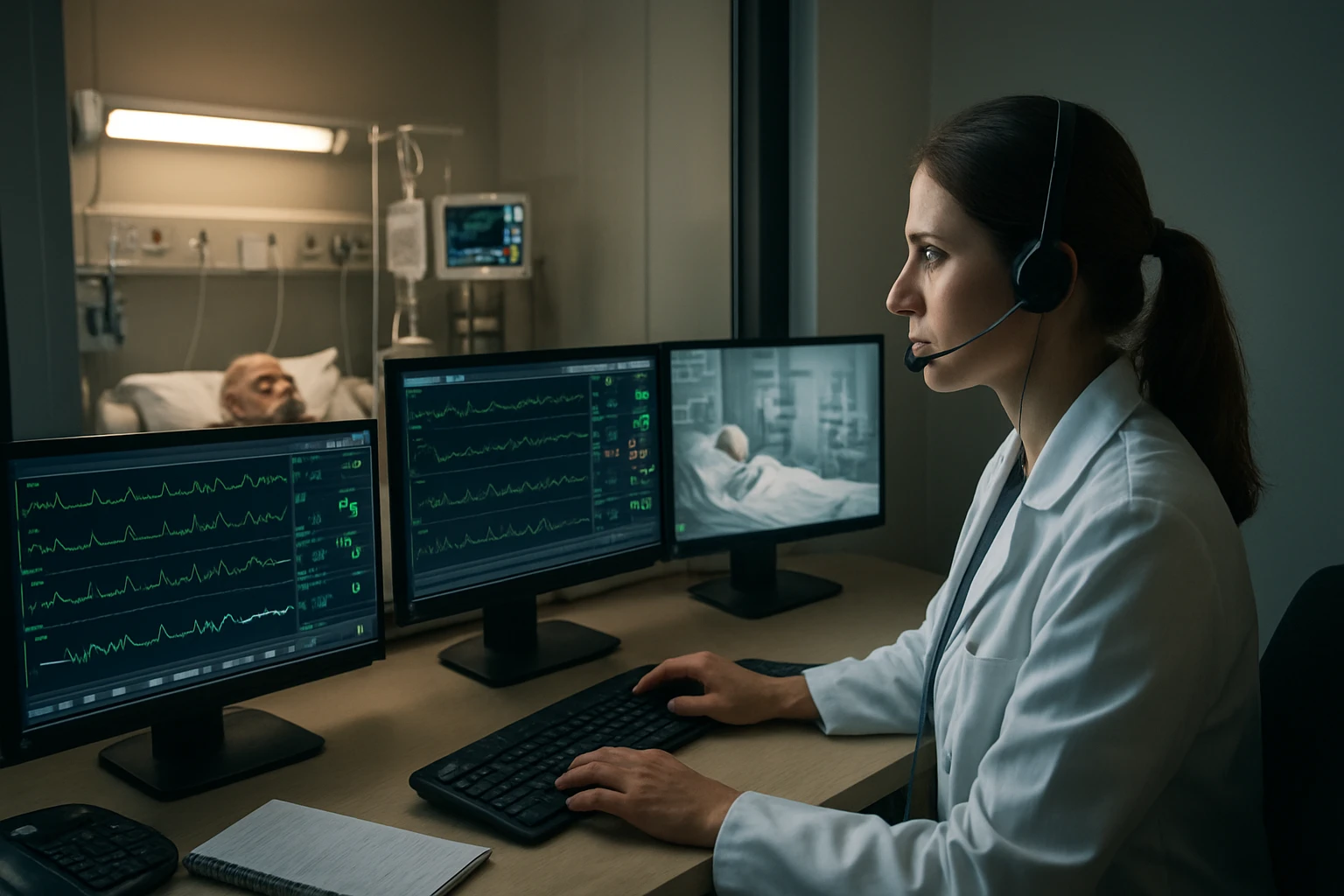 Egy orvos monitorozza a beteget, miközben számítógépes grafikonokat néz.