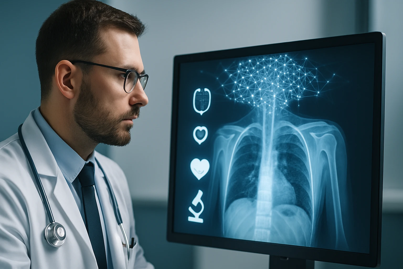 Orvos figyeli a számítógépen megjelenő röntgenfelvételt és adatokat.