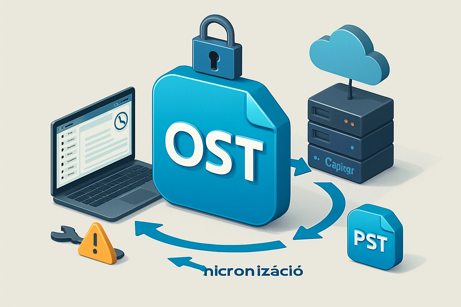 Egy illusztráció az OST és PST fájlok közötti szinkronizációról, laptop és felhőszolgáltatás mellett.