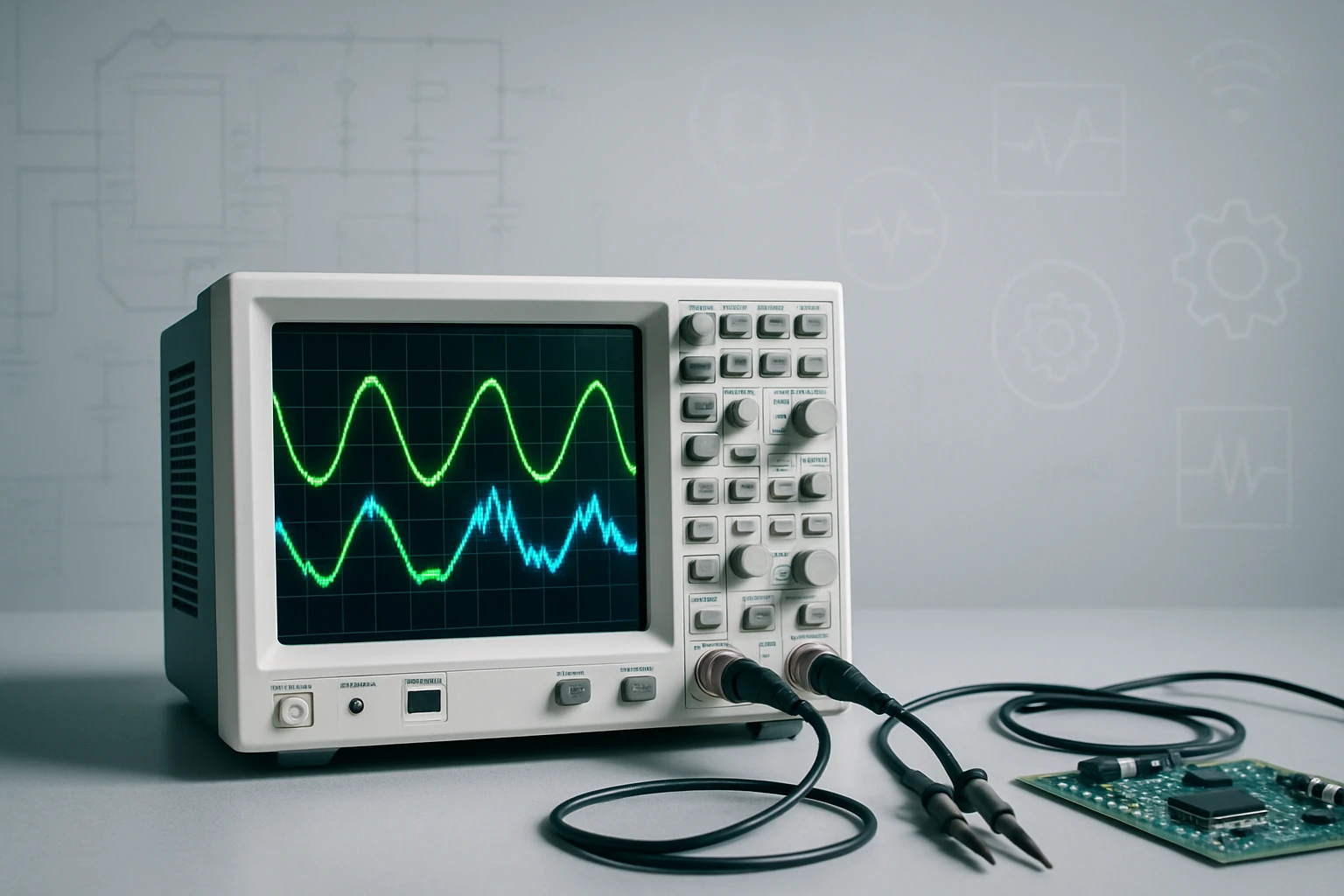 Egy oszcilloszkóp, amely zöld és kék hullámformákat mutat, mellette egy nyomtatott áramkör.
