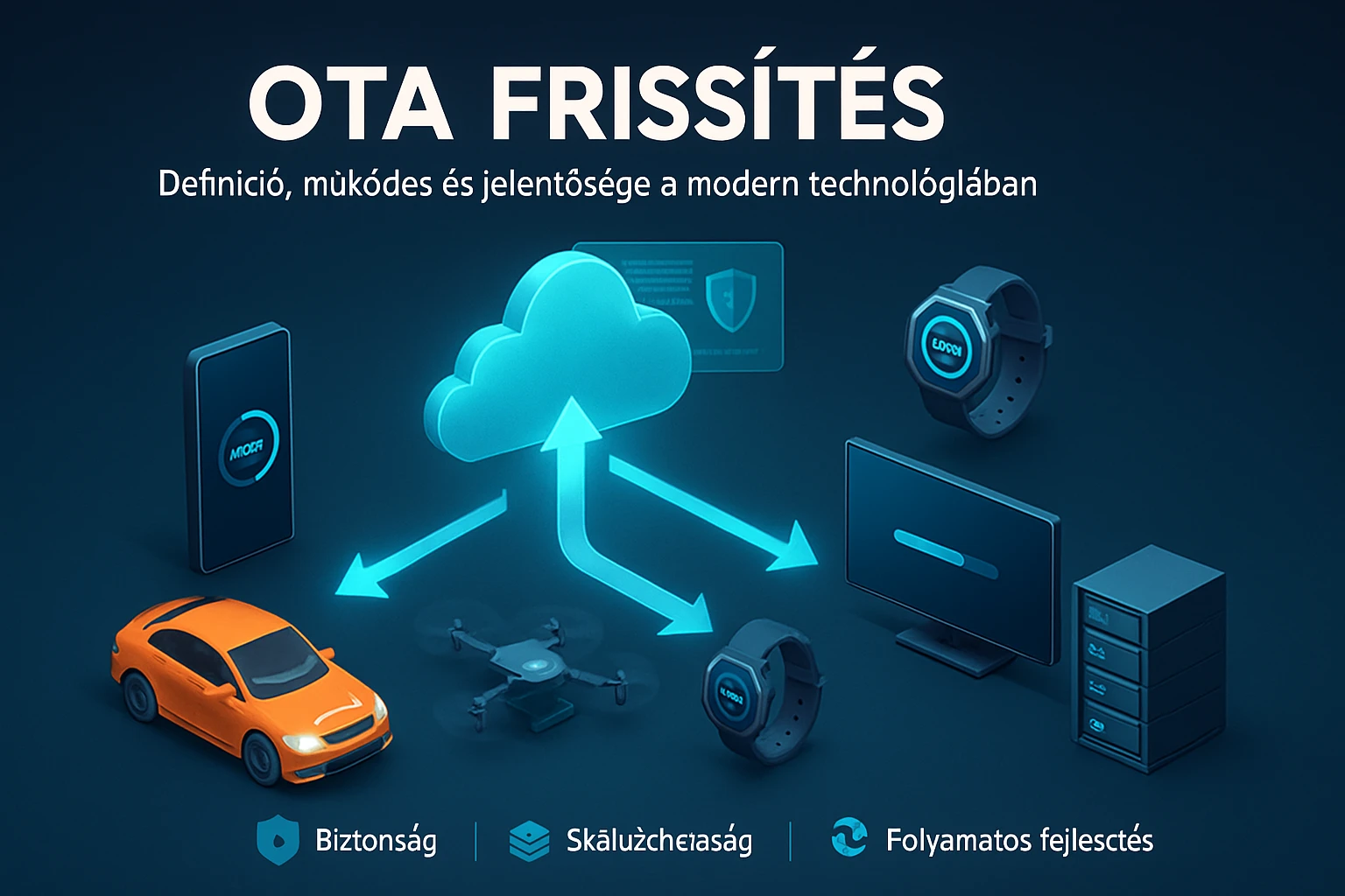 Az OTA frissítés folyamata, amely különböző eszközök közötti adatátvitelt mutat be.