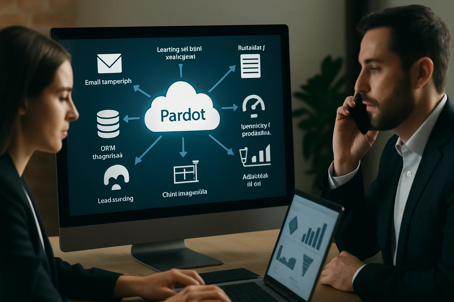 Két ember dolgozik egy számítógép előtt, Pardot marketing automatizálási szoftverrel.