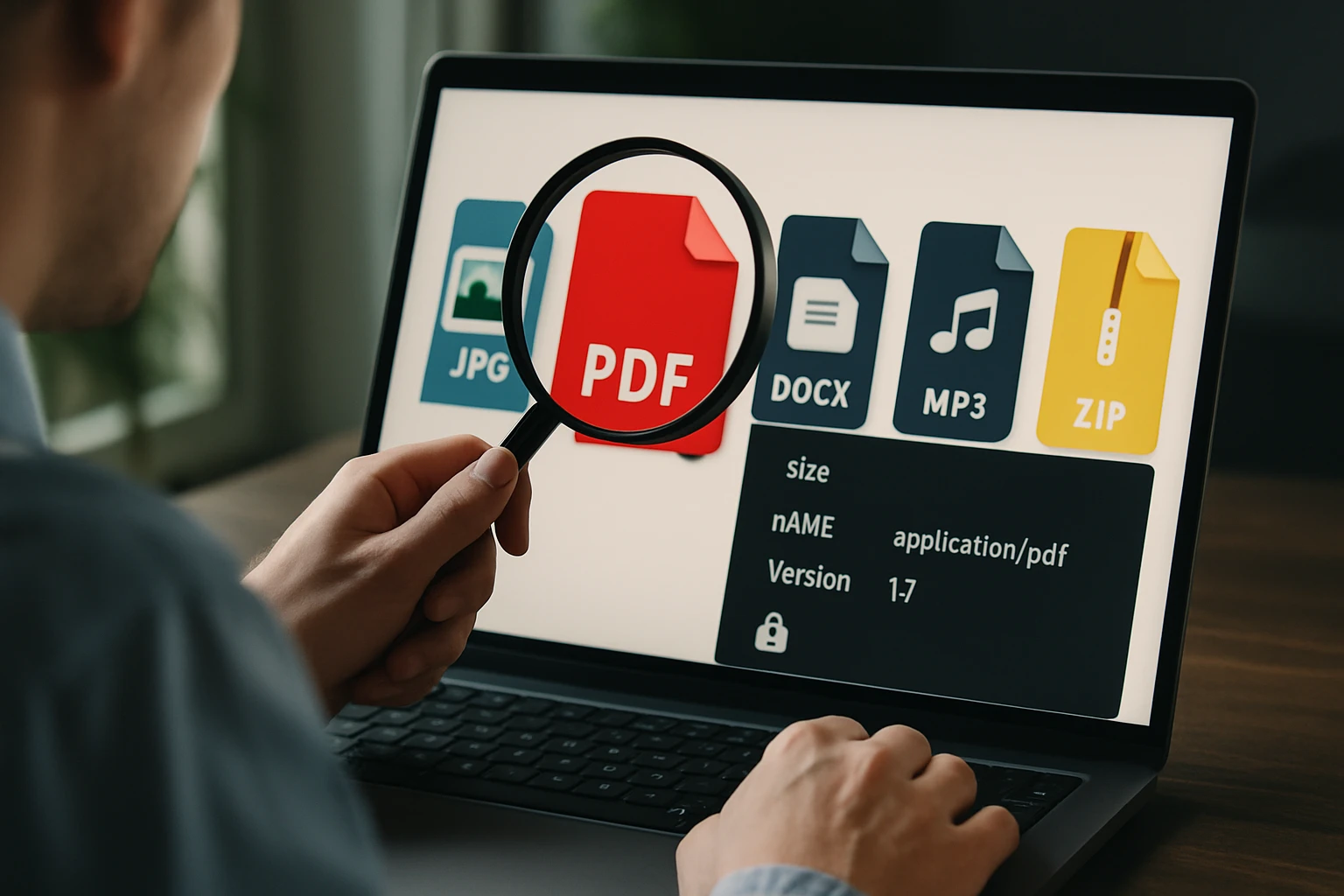 Egy férfi a laptopján a PDF fájl ikonra fókuszál, nagyítóval vizsgálja.