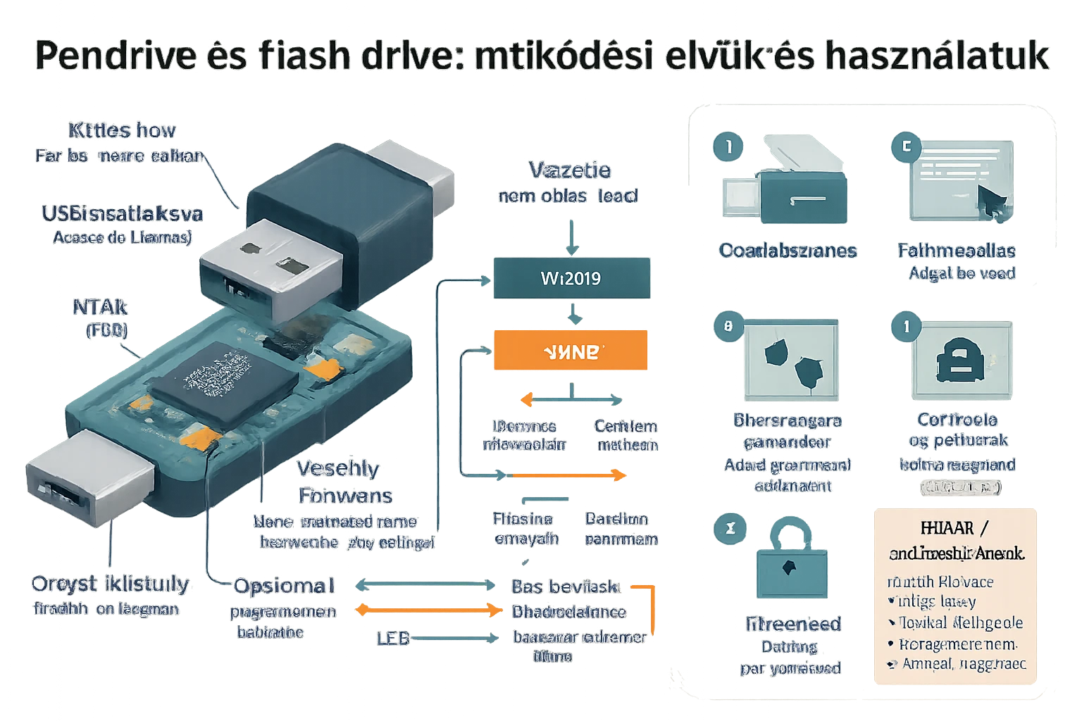 Egy pendrive részletes ábrázolása, bemutatva a belső alkatrészeit és működését.