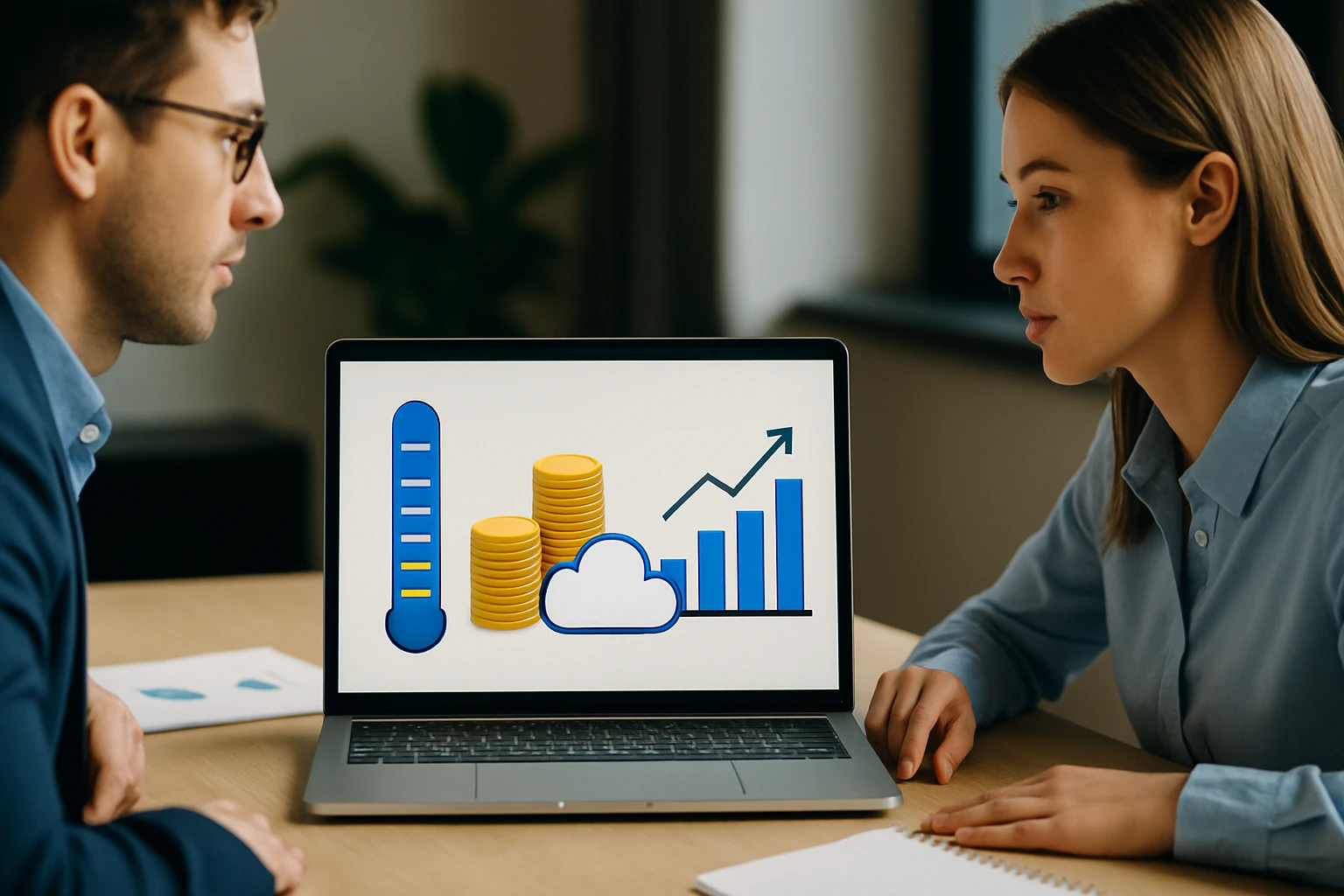 Két ember beszélget egy laptop előtt, amelyen pénzügyi grafikonok láthatók.