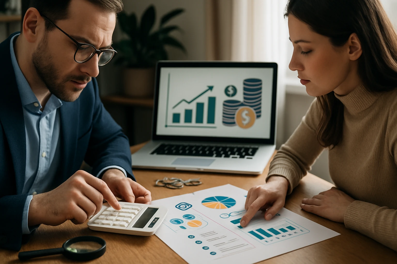 Két ember pénzügyi adatokat elemez, laptop és grafikonok előtt ülve.