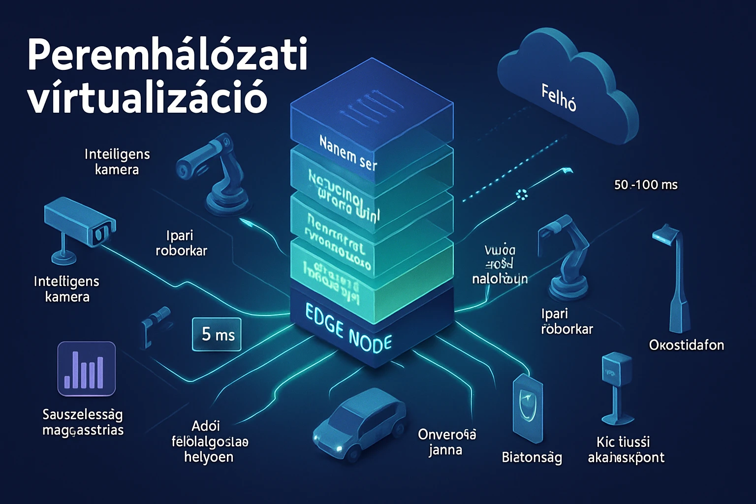 A peremhálózati virtualizációs architektúra ábrázolása, különböző eszközökkel.