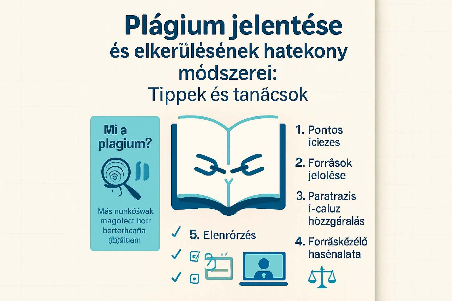 Plágium elkerülésének módszerei és tippek, könyv formájában bemutatva.