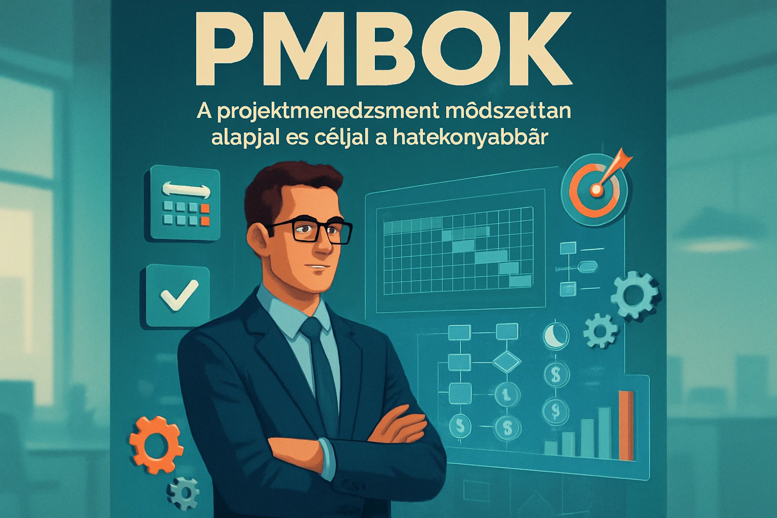 Egy fiatal üzletember áll egy projektmenedzsment grafikonokkal teli háttér előtt.