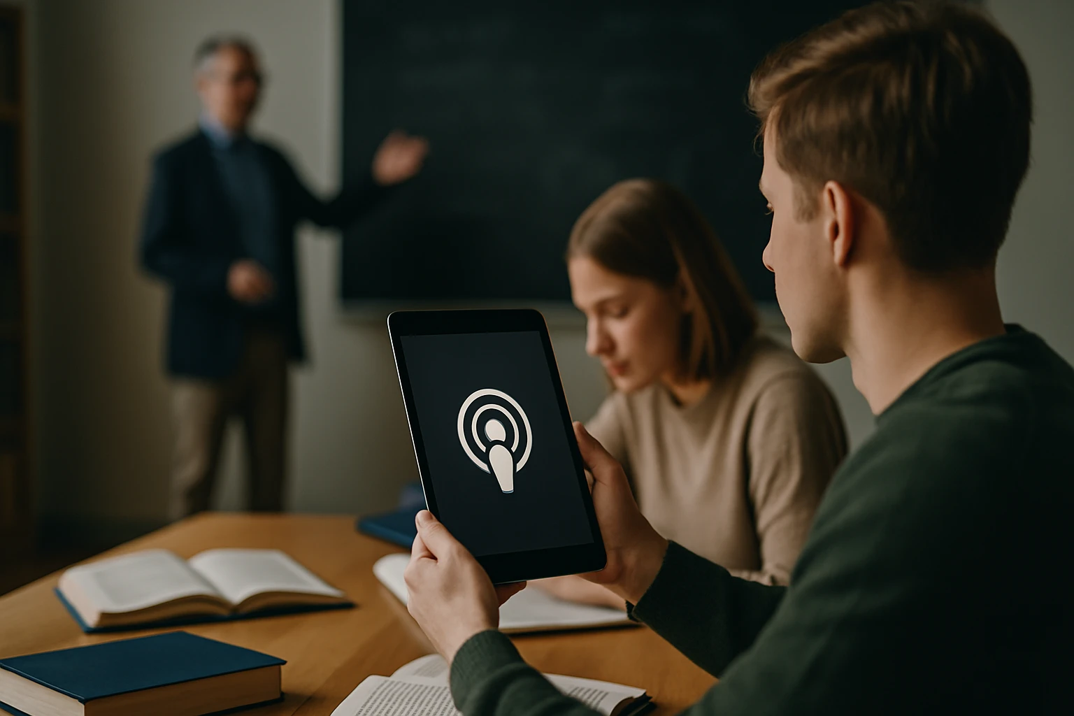 Egy fiatal férfi tabletet tart a kezében, rajta podcast ikon látható.