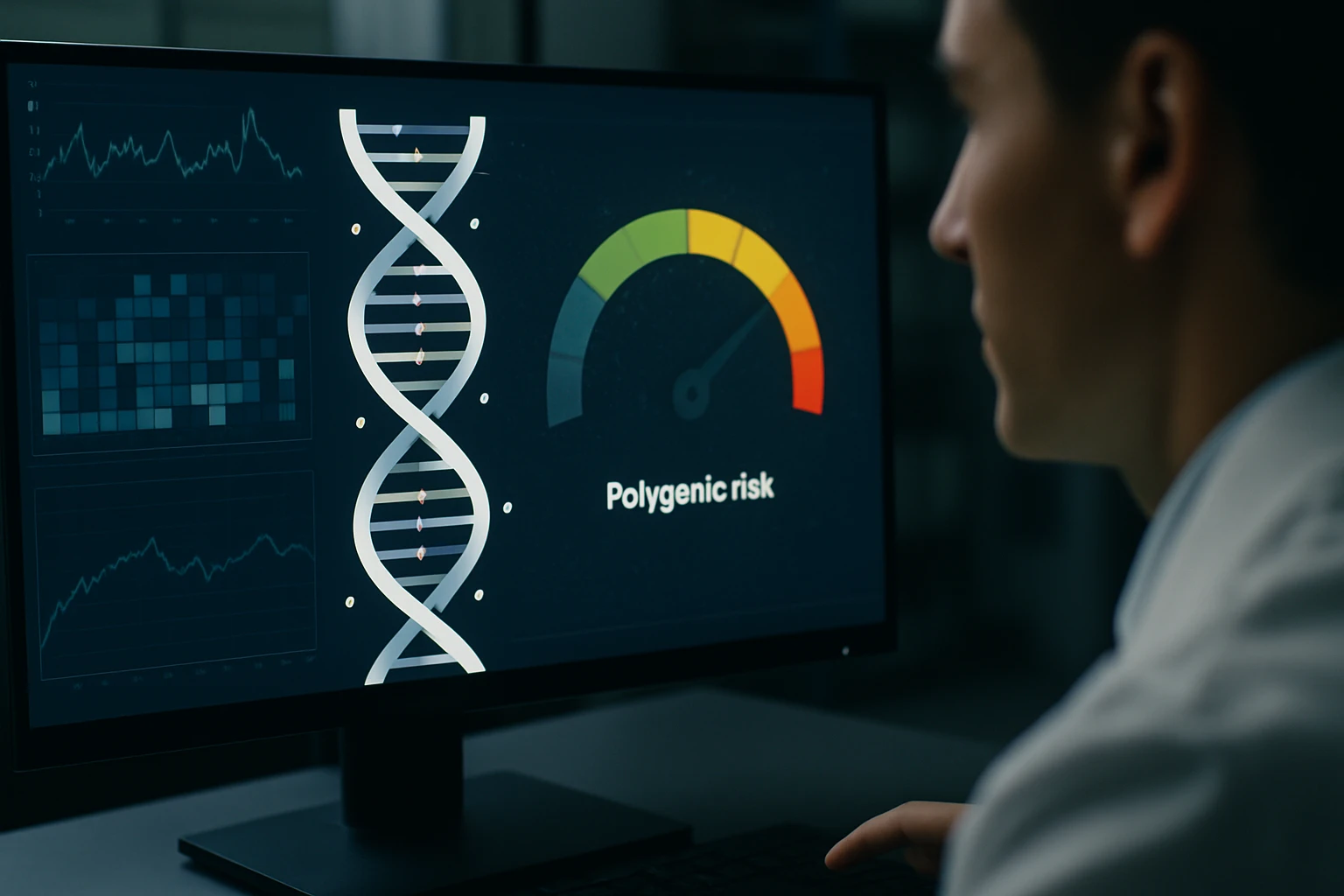 Egy férfi a számítógépén poligénikus kockázatot elemző grafikonokat néz.