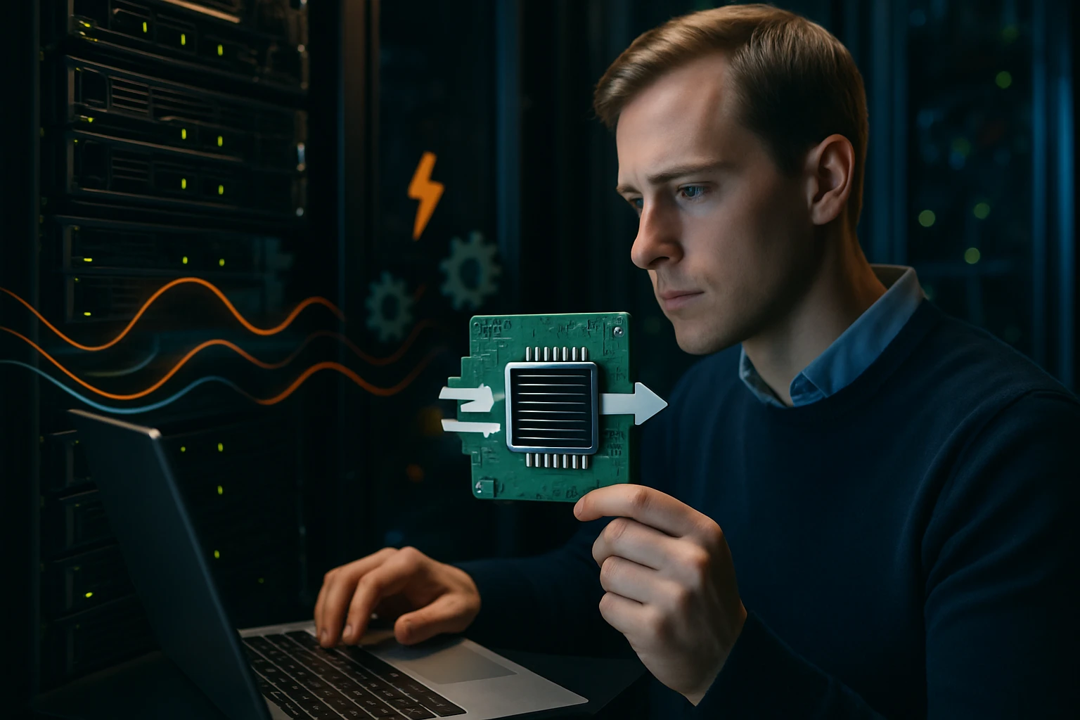 Egy férfi egy processzort tart a kezében, miközben laptopon dolgozik.