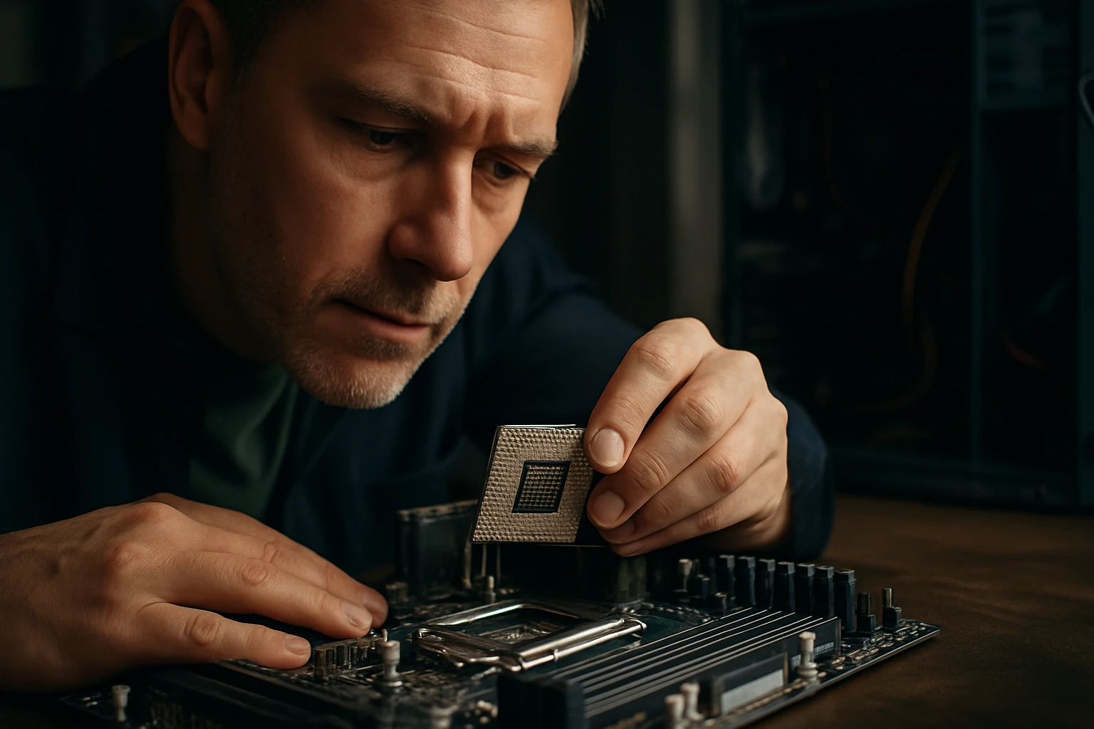 Egy férfi figyelmesen helyez el egy processzort az alaplapon.