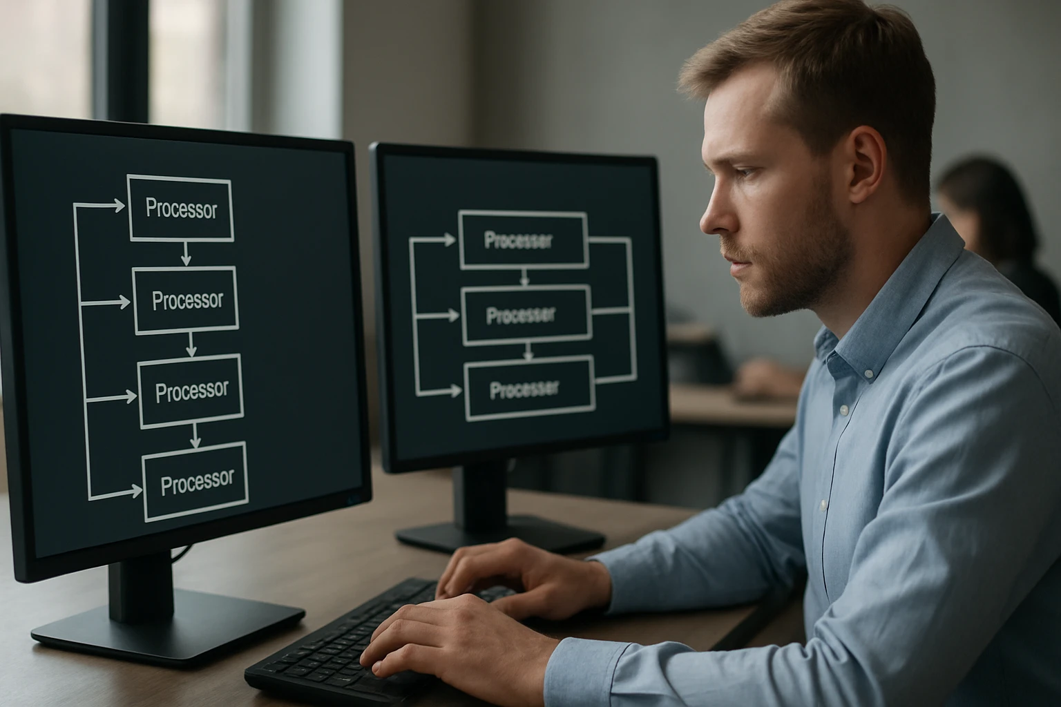 Egy férfi két monitor előtt ül, amelyek processzorok diagramját mutatják.