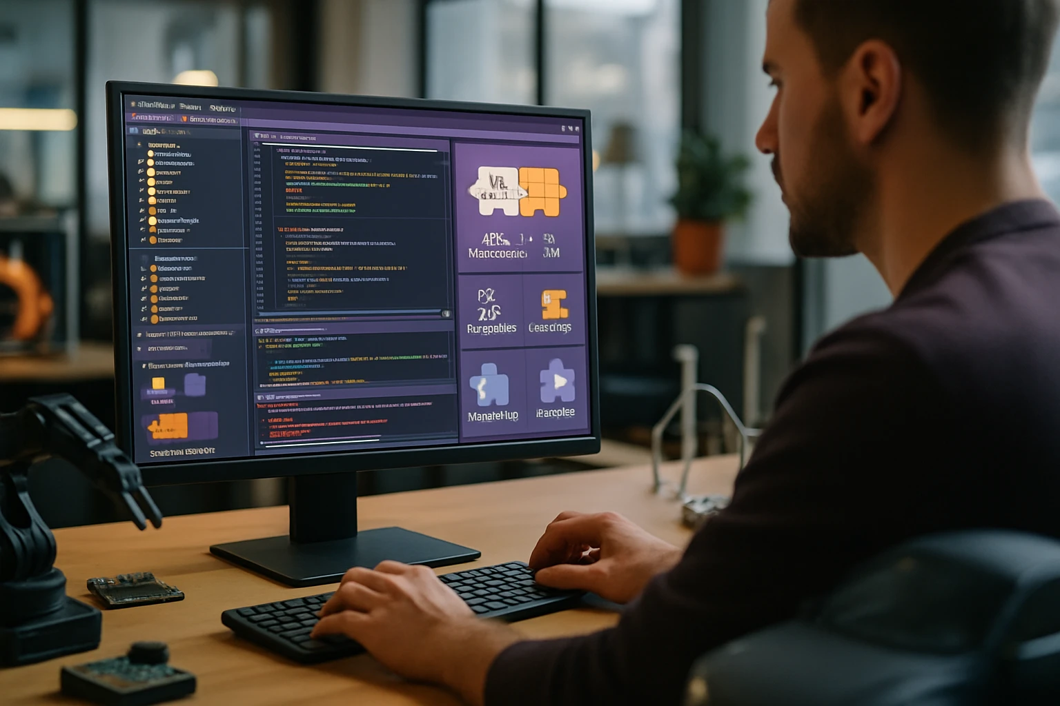 Egy programozó dolgozik a számítógépén, kódok és alkalmazások láthatók a képernyőn.