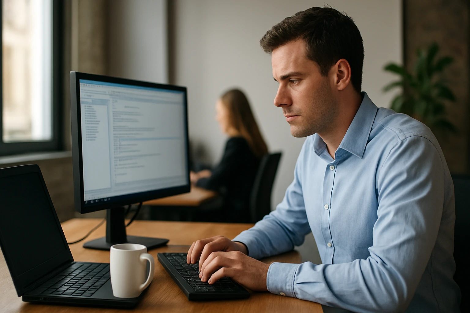 Egy férfi laptopon dolgozik, miközben egy monitoron kódot néz.