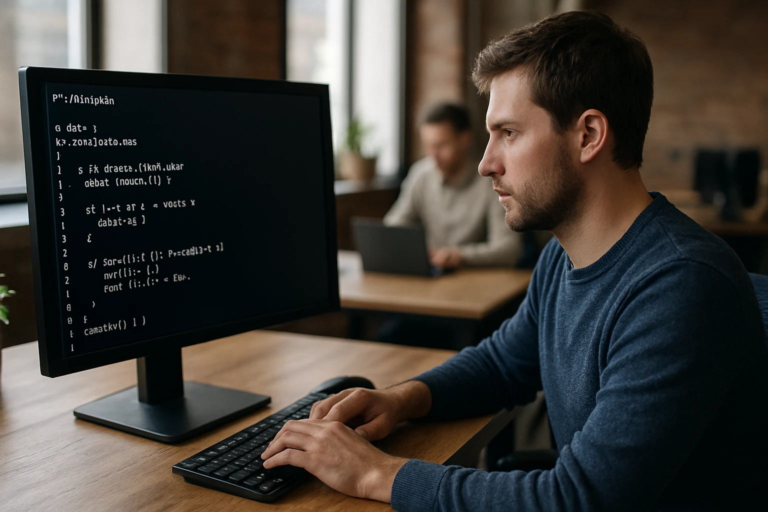 Egy programozó kódot ír egy számítógép képernyőjén, modern irodai környezetben.