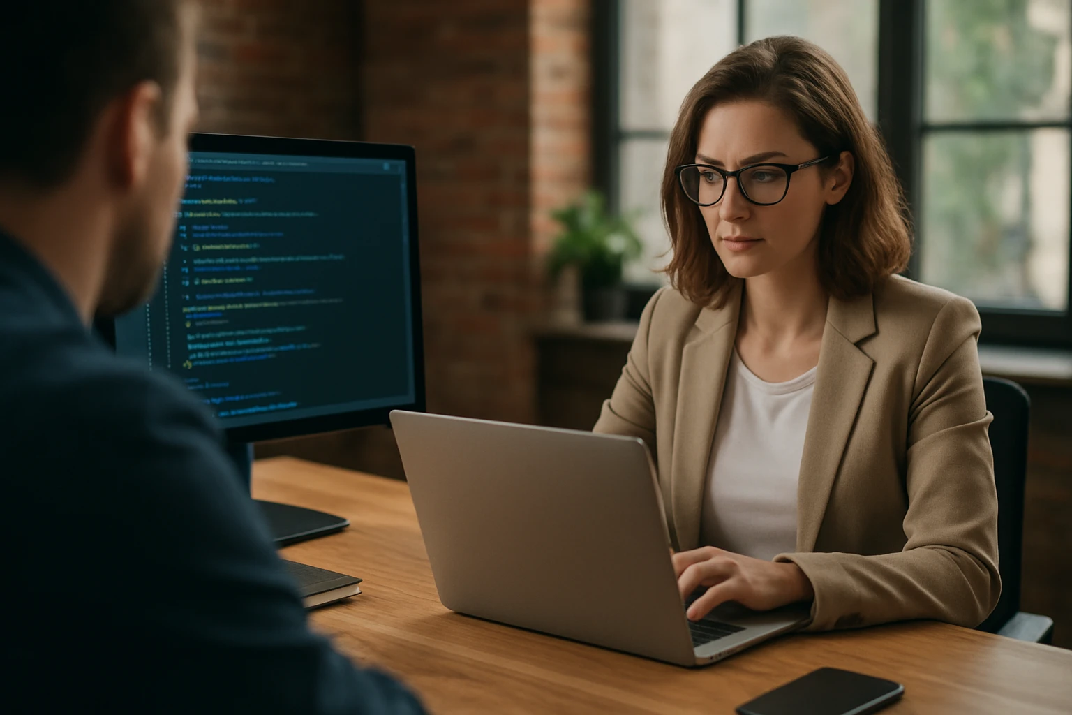 Egy nő laptopon dolgozik, miközben egy programozási kód látható a háttérben.