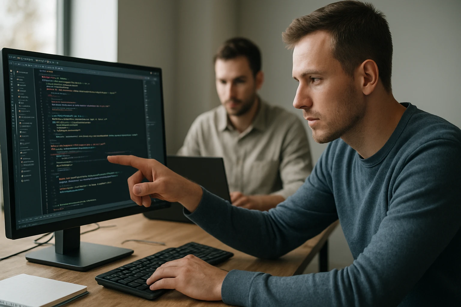 Két férfi programozás közben, az egyik a képernyőre mutat.