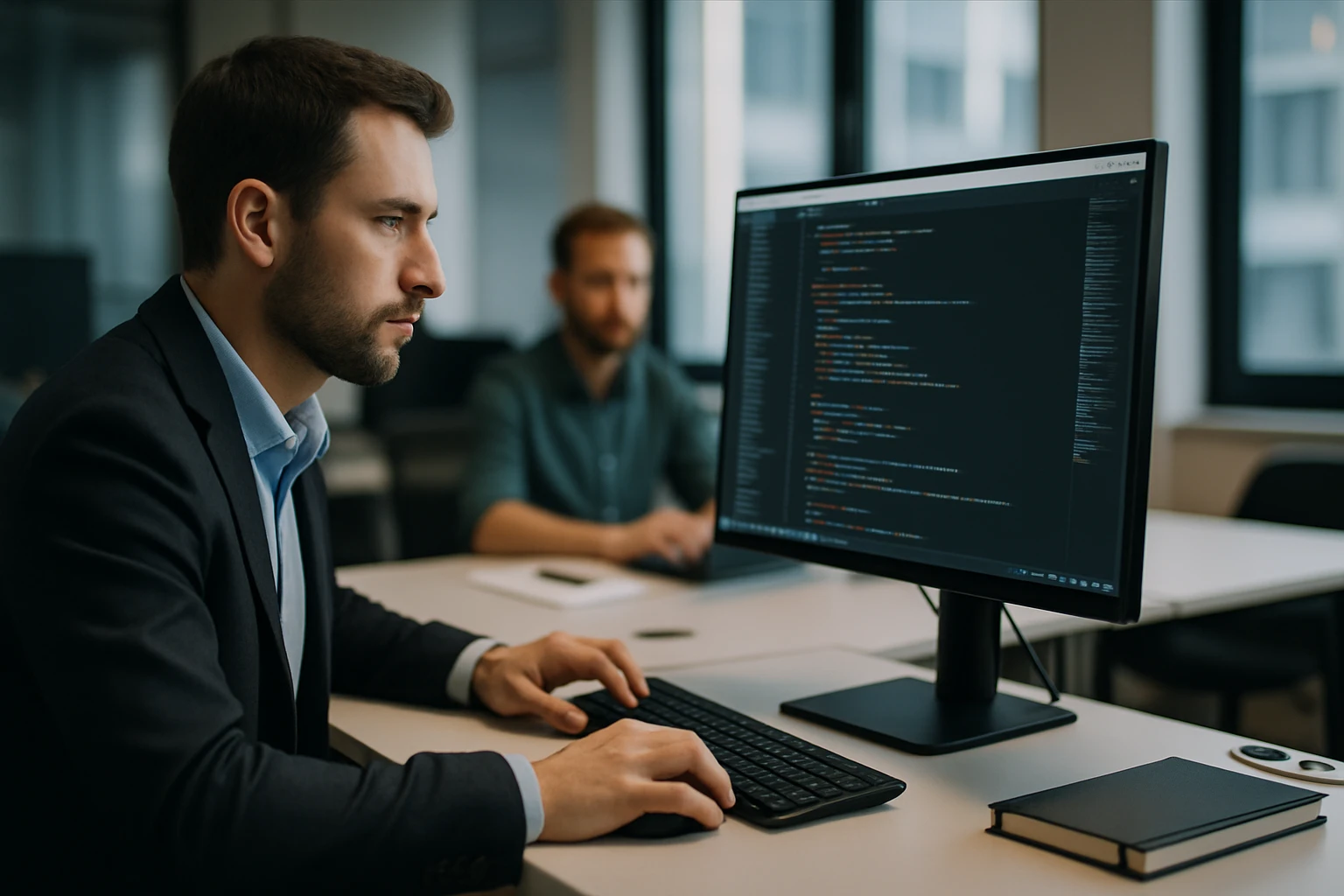 Egy férfi programozás közben, számítógép előtt ülve, kódot ír.