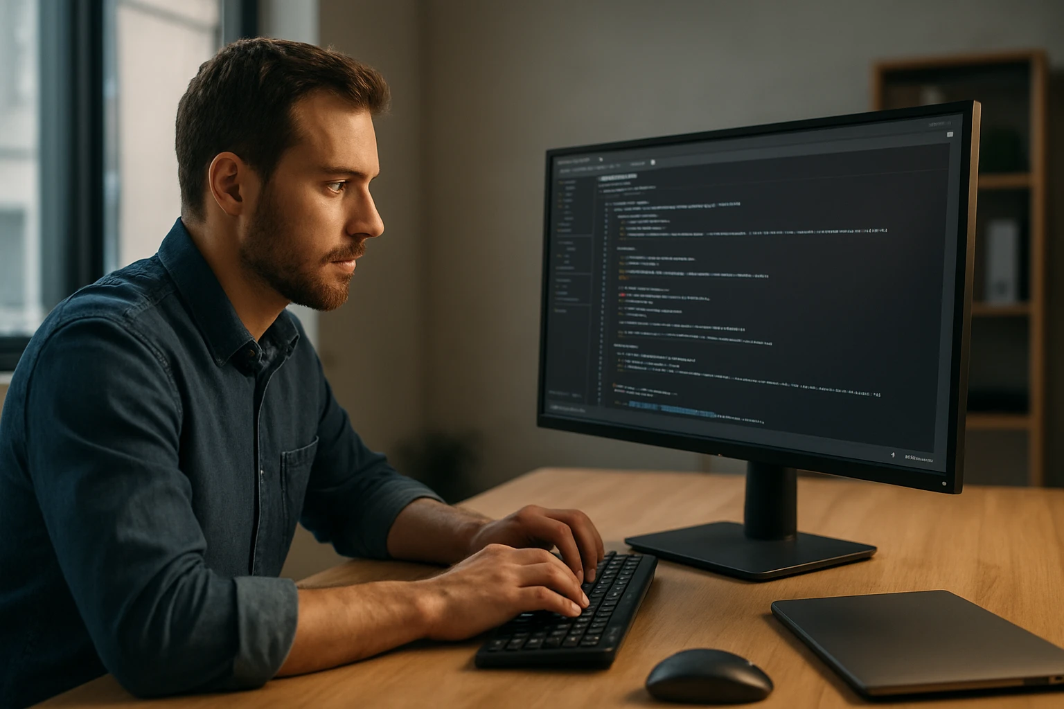 Egy férfi programozás közben néz egy számítógép képernyőjére.