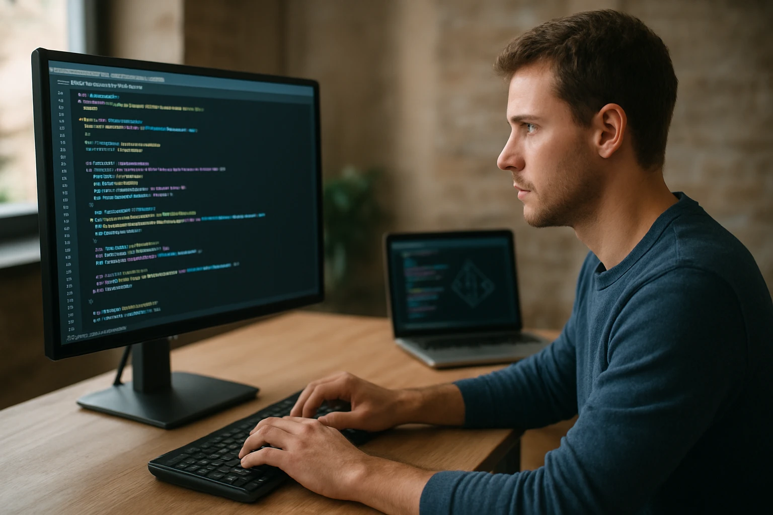 Egy fiatal férfi programozás közben, kódot ír egy nagy monitoron.