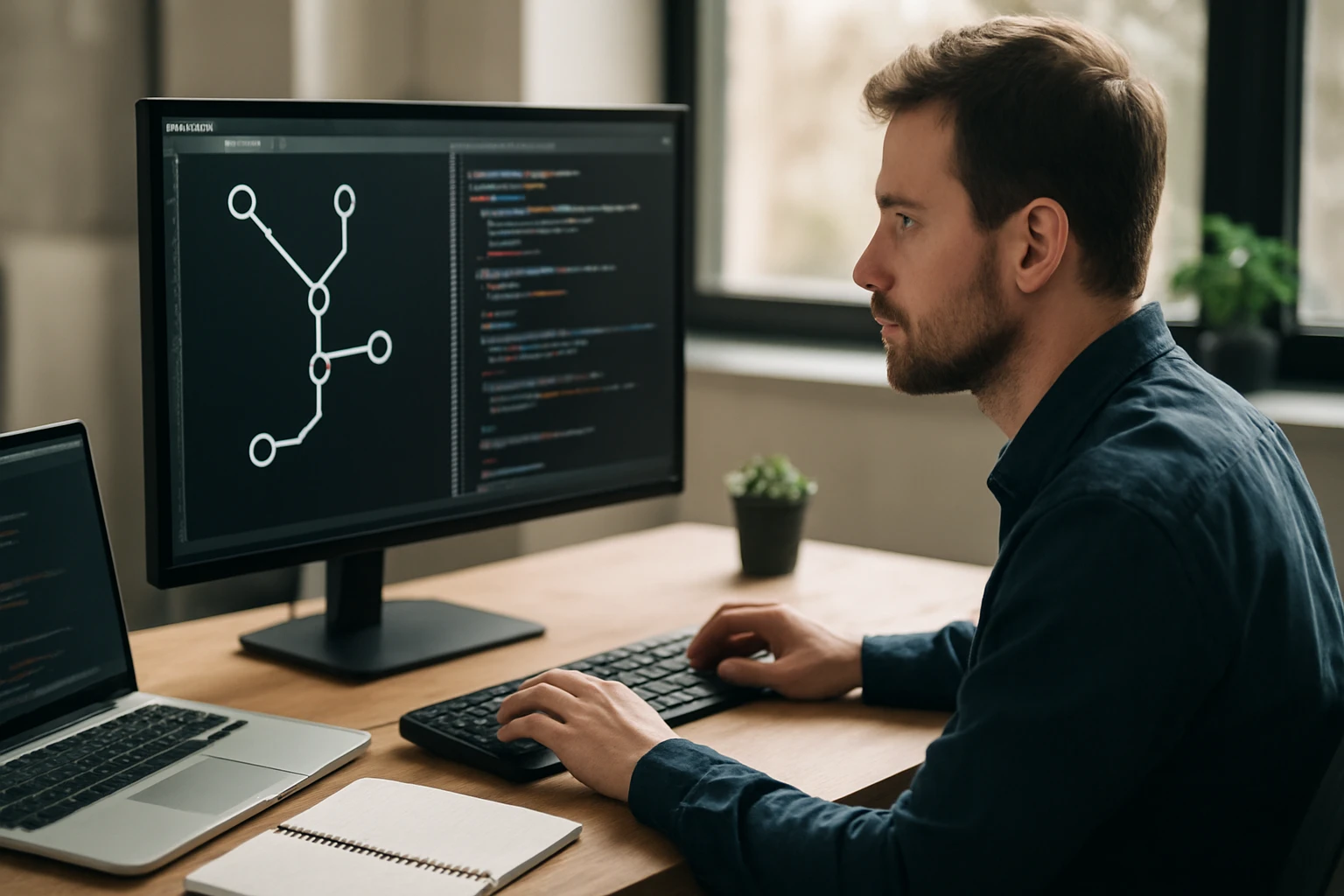 Egy férfi programozik, miközben két monitor előtt ül, kódokkal a képernyőn.