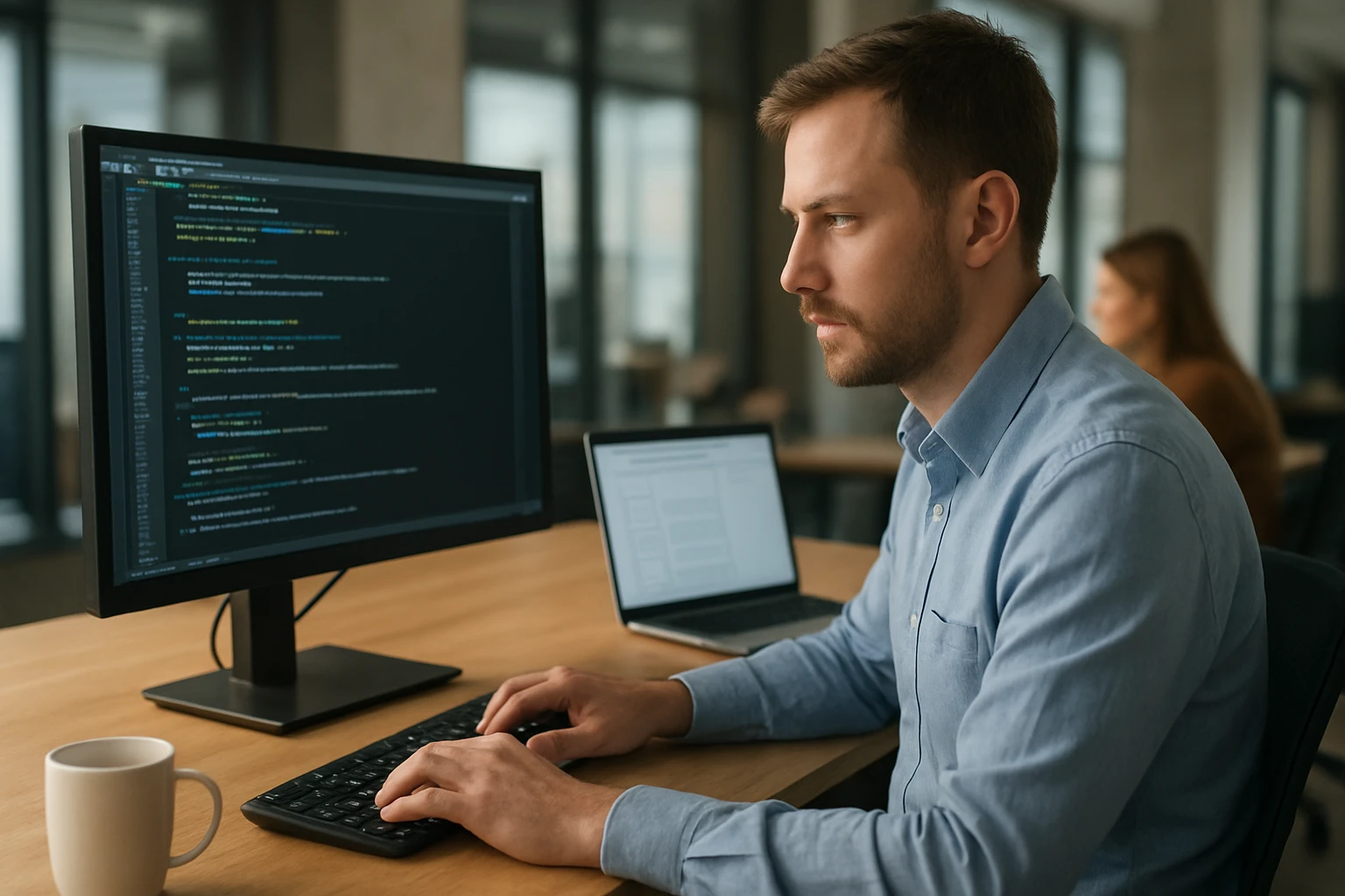 Egy férfi programozás közben, számítógép előtt ülve, kódot ír.