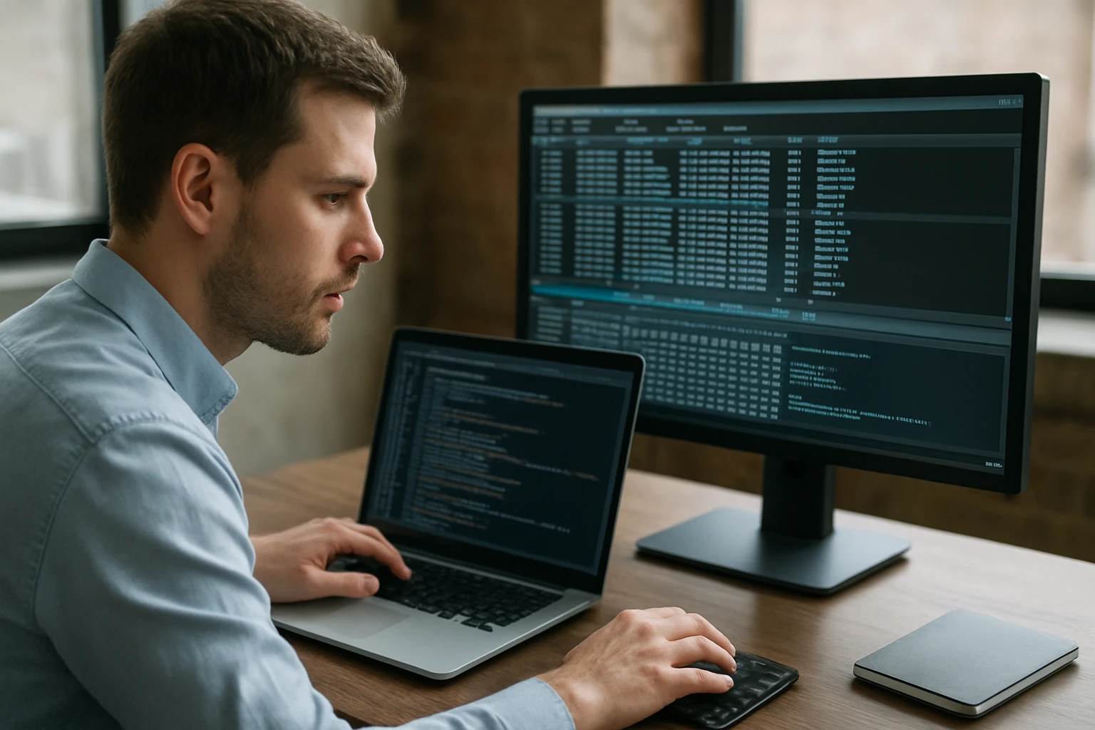 Egy férfi laptopon és monitoron kódot ír, figyelmesen dolgozik.