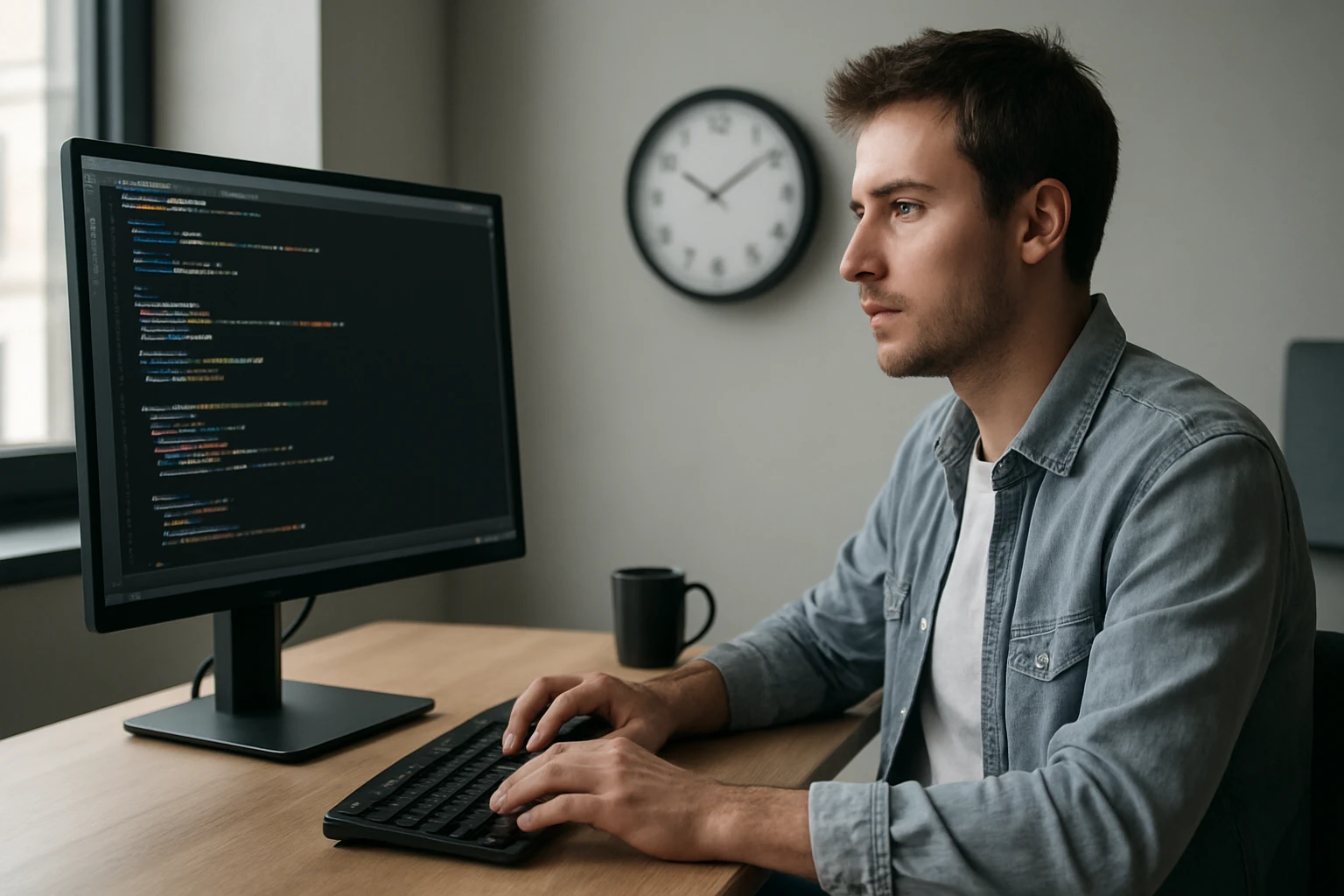 Egy fiatal férfi programozás közben néz egy számítógép képernyőjére.