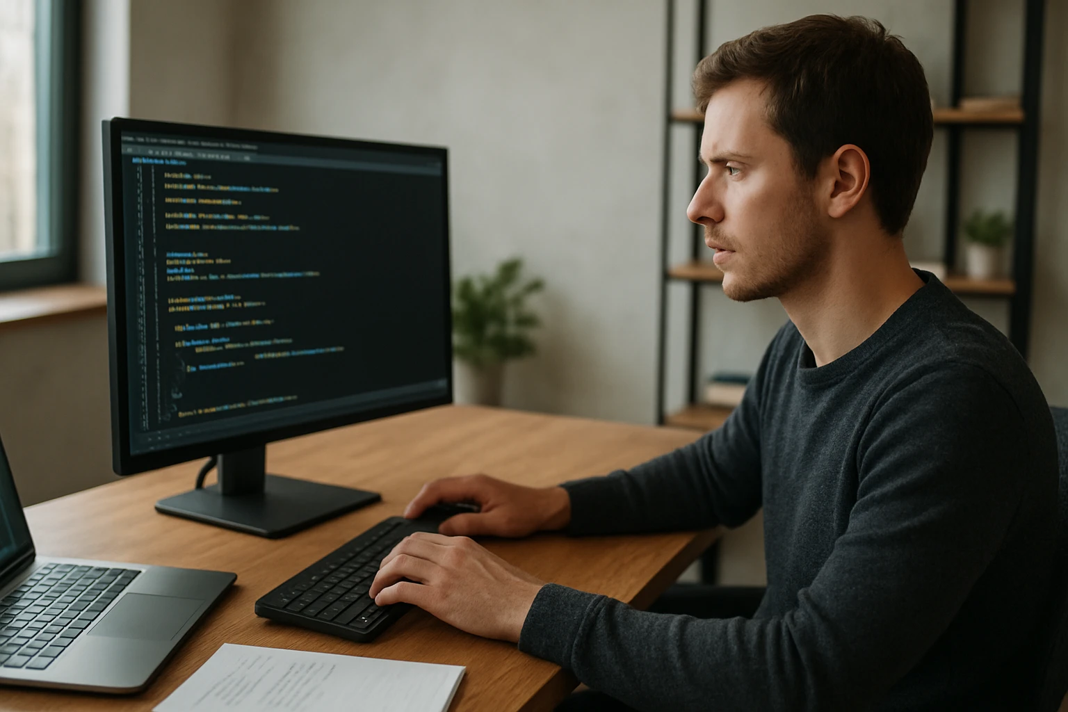Egy fiatal férfi programozás közben, számítógép előtt ülve, kódot ír.