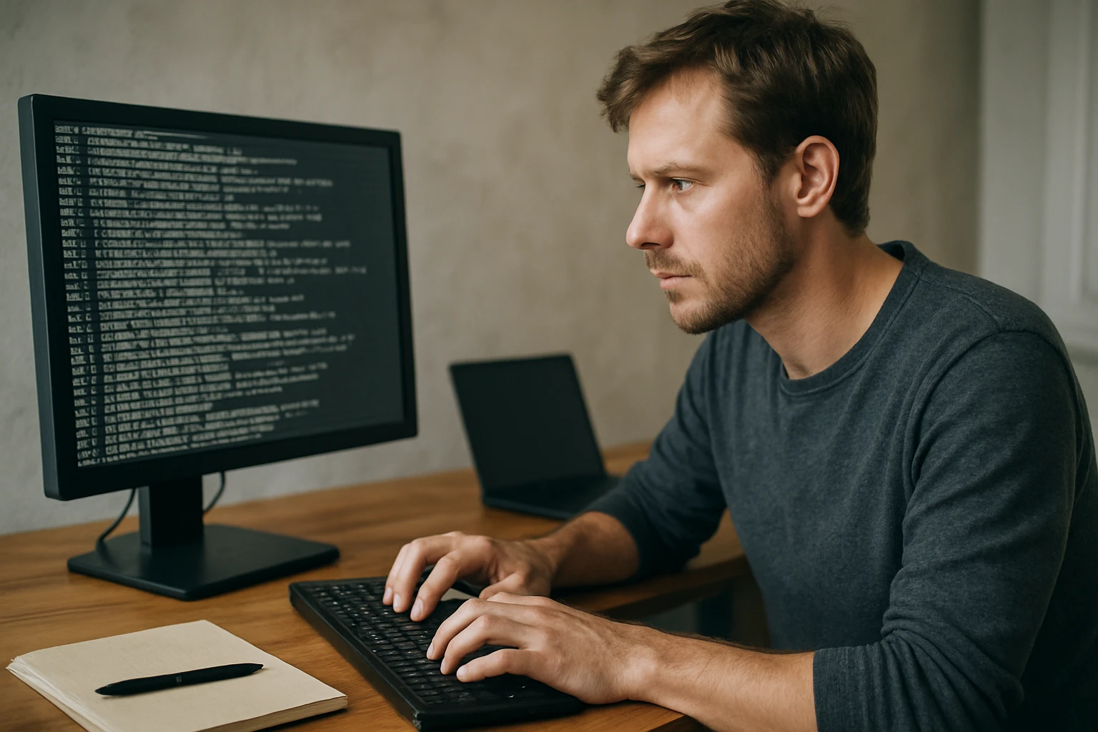 Egy férfi figyelmesen gépel egy számítógép előtt, kódot nézve.