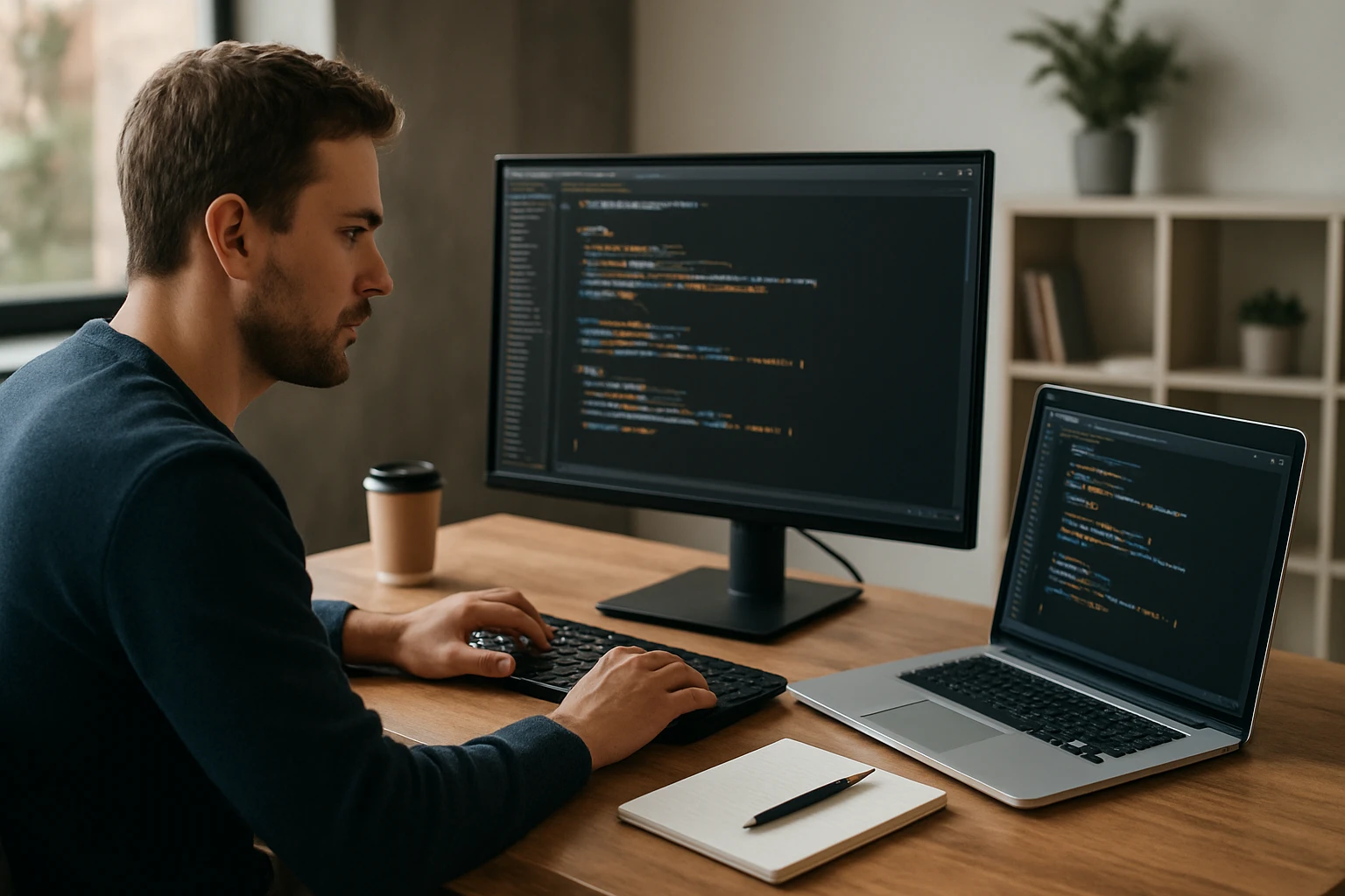 Egy férfi programozás közben, két monitor előtt ülve, kávéval.