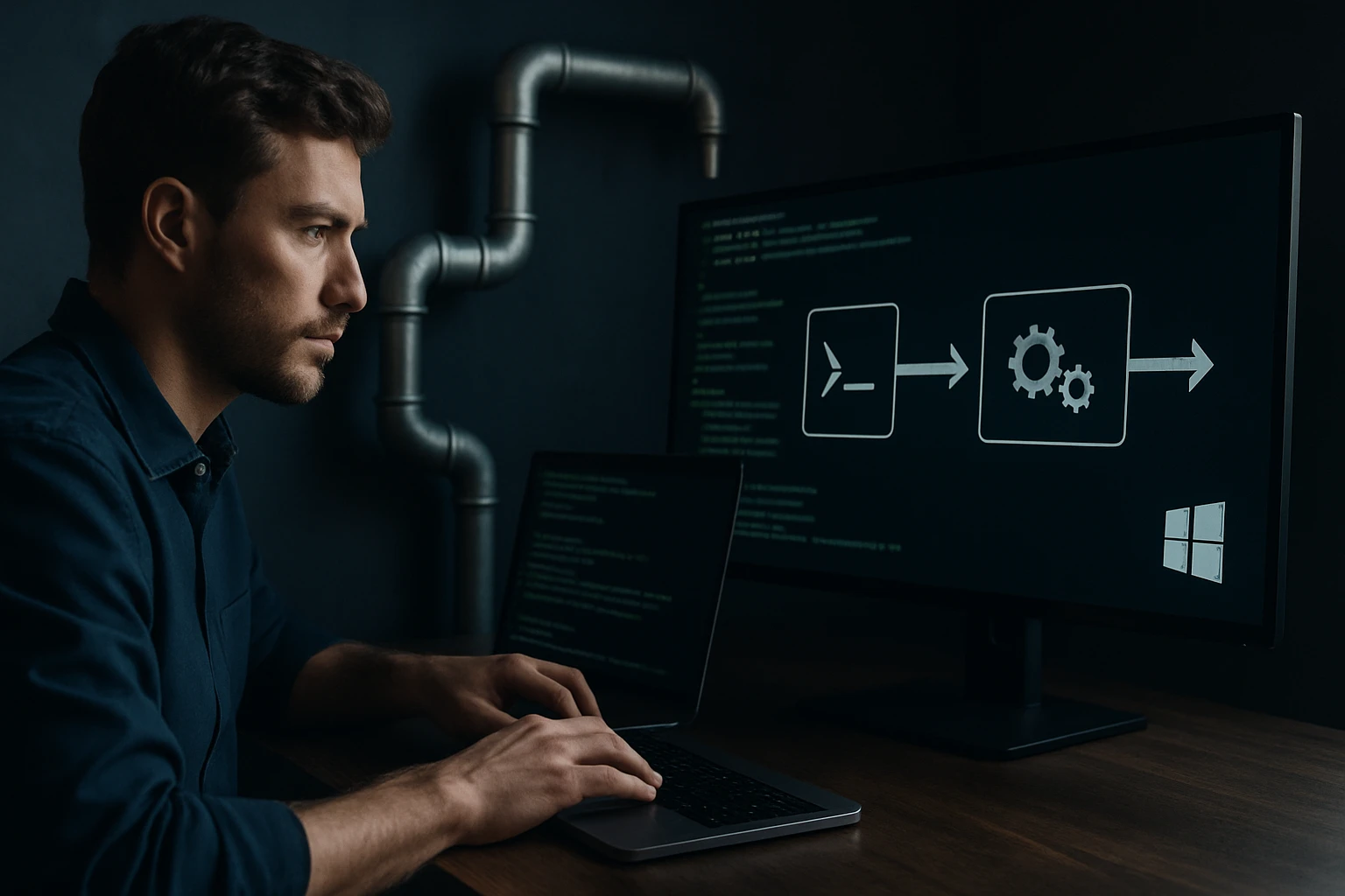 Egy férfi programozás közben, laptopján és monitorján kód látható.