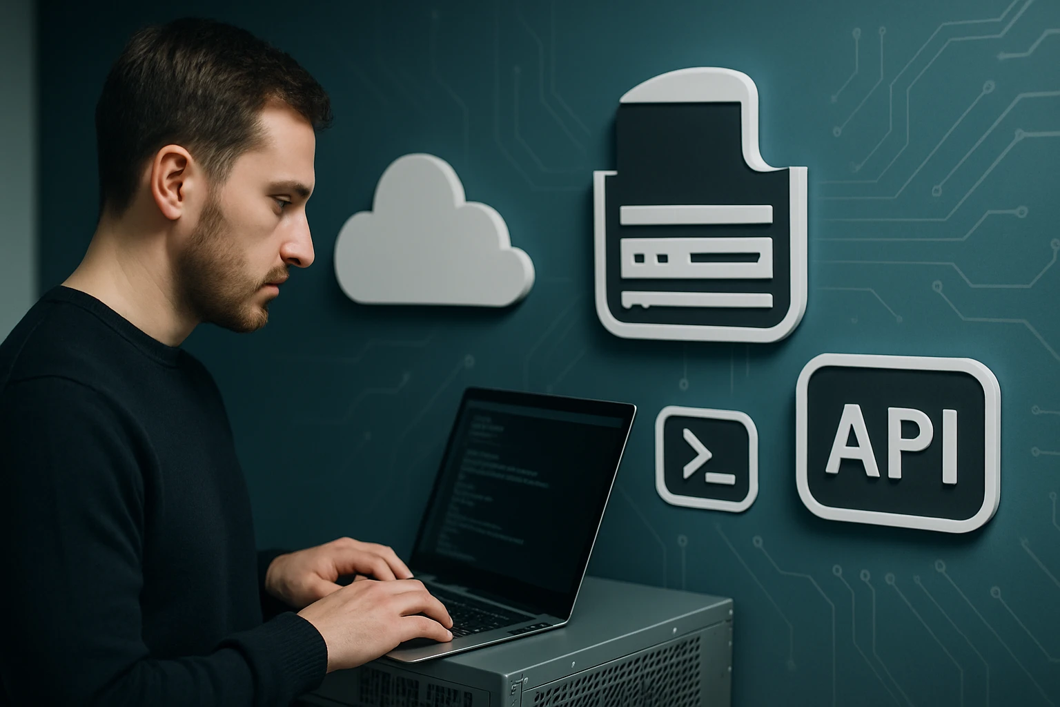 Egy férfi laptopon programozik, háttérben technológiai ikonokkal.