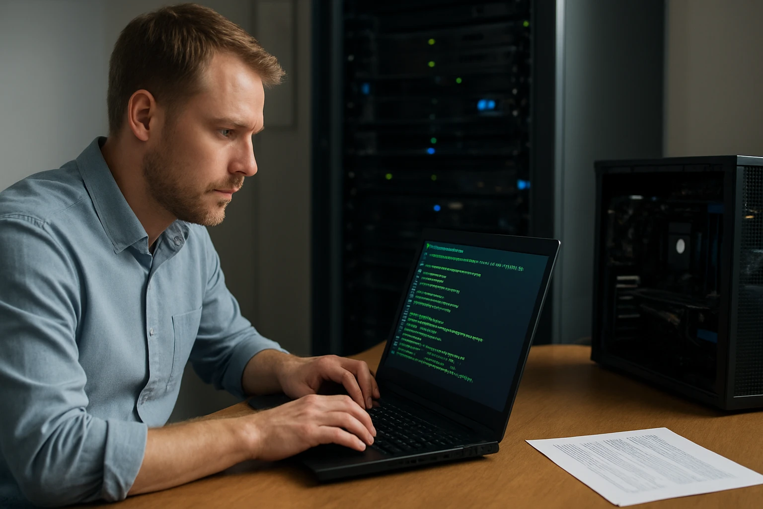 Egy férfi programozik egy laptopon, háttérben szerverekkel.