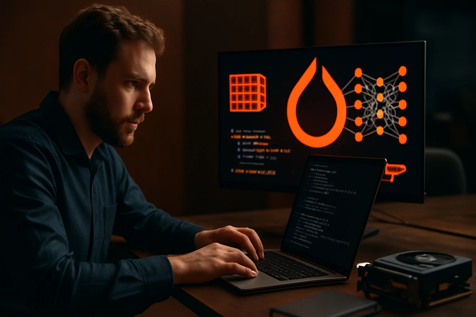 Egy férfi programozás közben, laptopján kód és grafikus elemek láthatók.