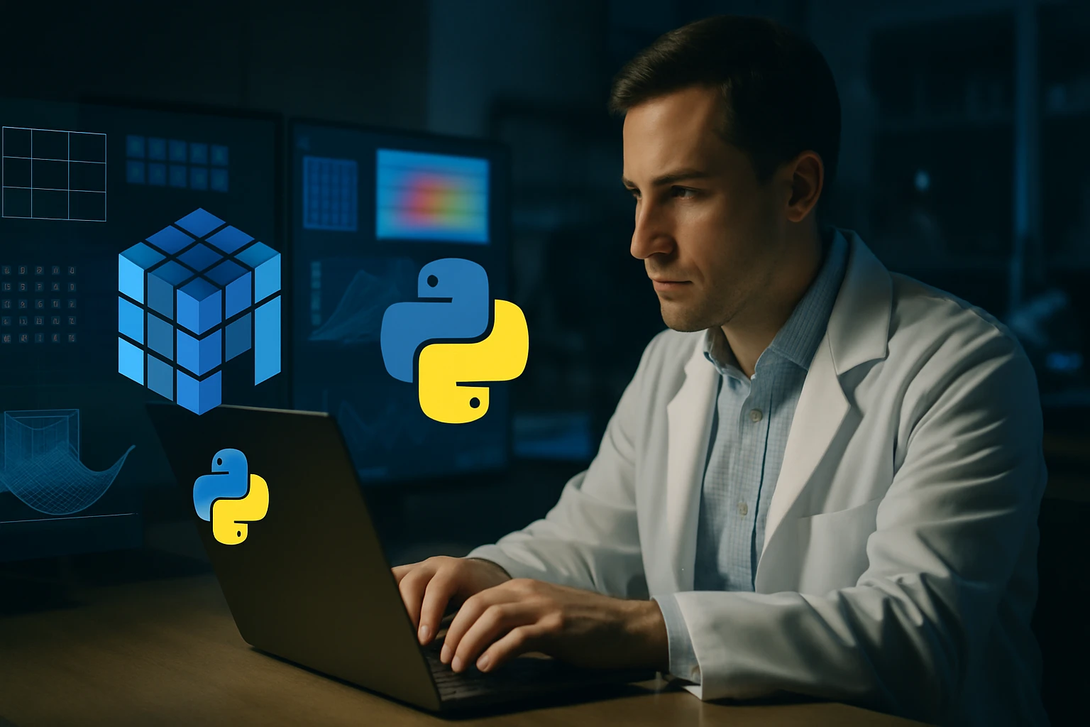 Egy férfi fehér köpenyben laptop előtt ül, programozás közben, háttérben grafikonokkal.