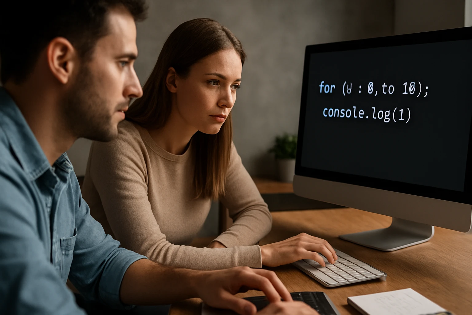 Két fiatal programozó dolgozik egy számítógép előtt, kódot írnak.