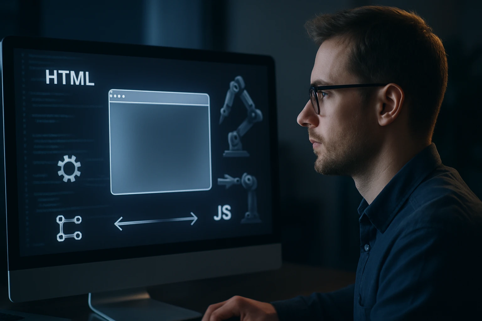 Egy férfi programozik a számítógépén, HTML és JS kódokkal.