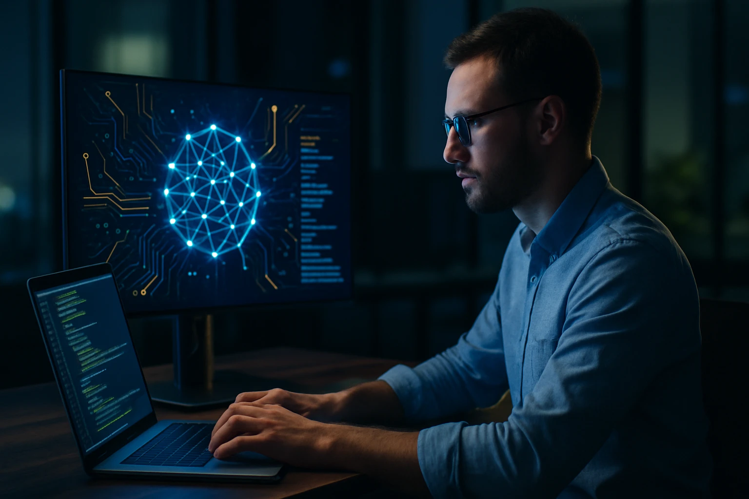 Egy férfi programozás közben, laptopján kódot ír, háttérben adatvizualizációval.