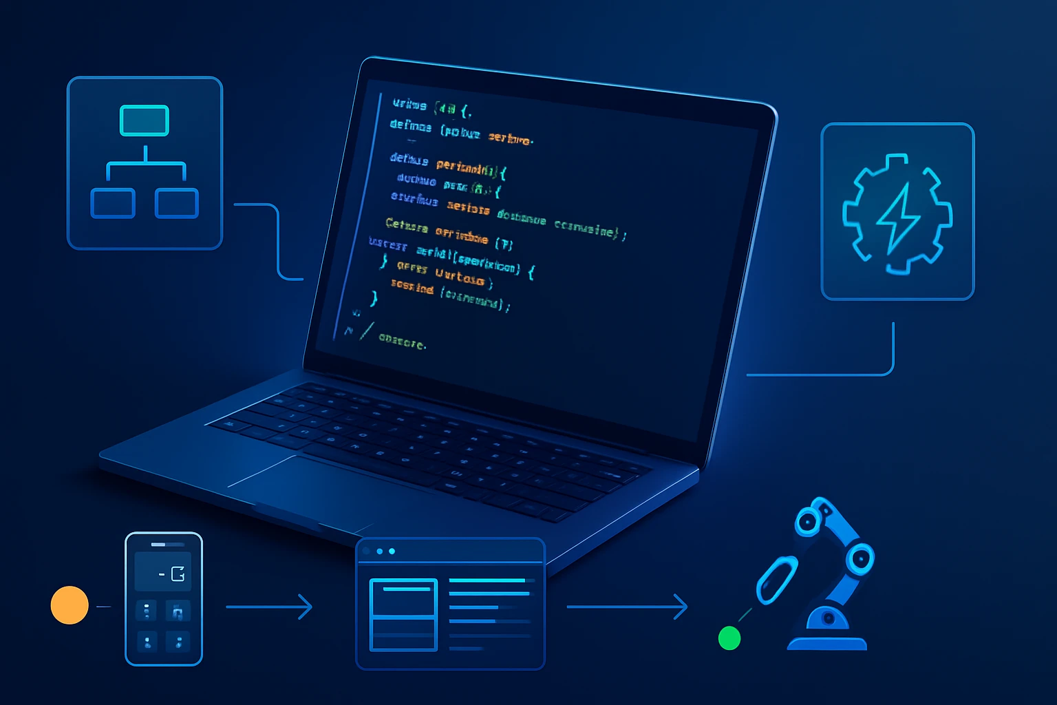 Egy laptop képernyőjén programkód látható, körülötte technológiai ikonok.