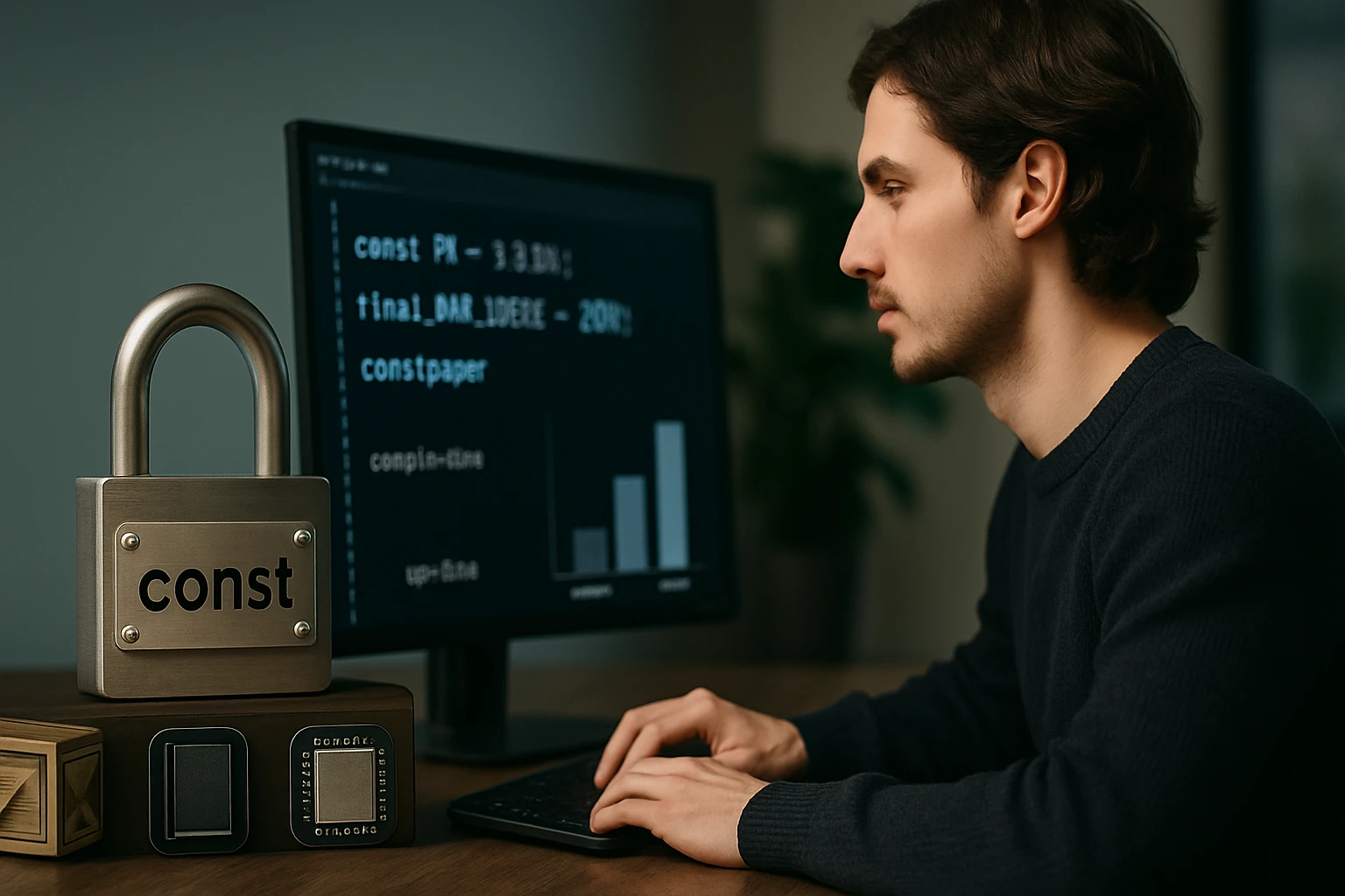 Egy férfi programozás közben, háttérben kód és egy zár.
